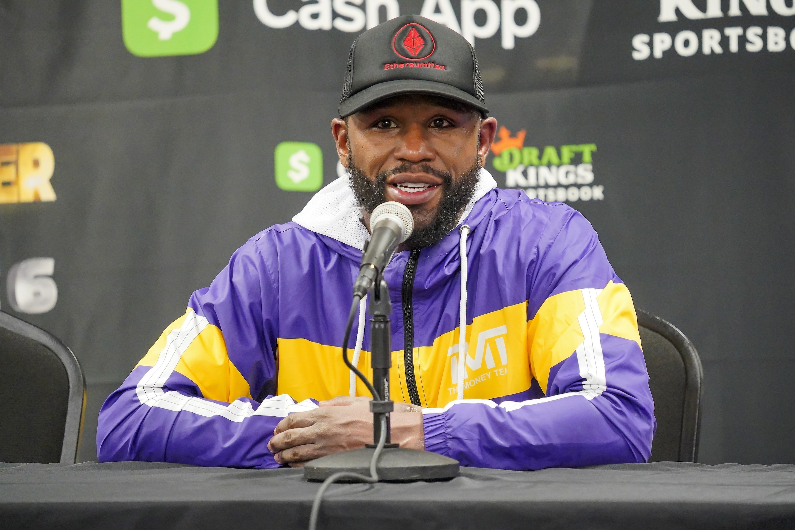 MIAMI, FL - JUNE 6: Floyd Mayweather meets with the press following the Mayweather vs Paul: Bragging Rights boxing event on June 06, 2021, at Hard Rock Stadium in Miami, Florida. (Photo by Louis Grasse/PxImages/Icon Sportswire via Getty Images)