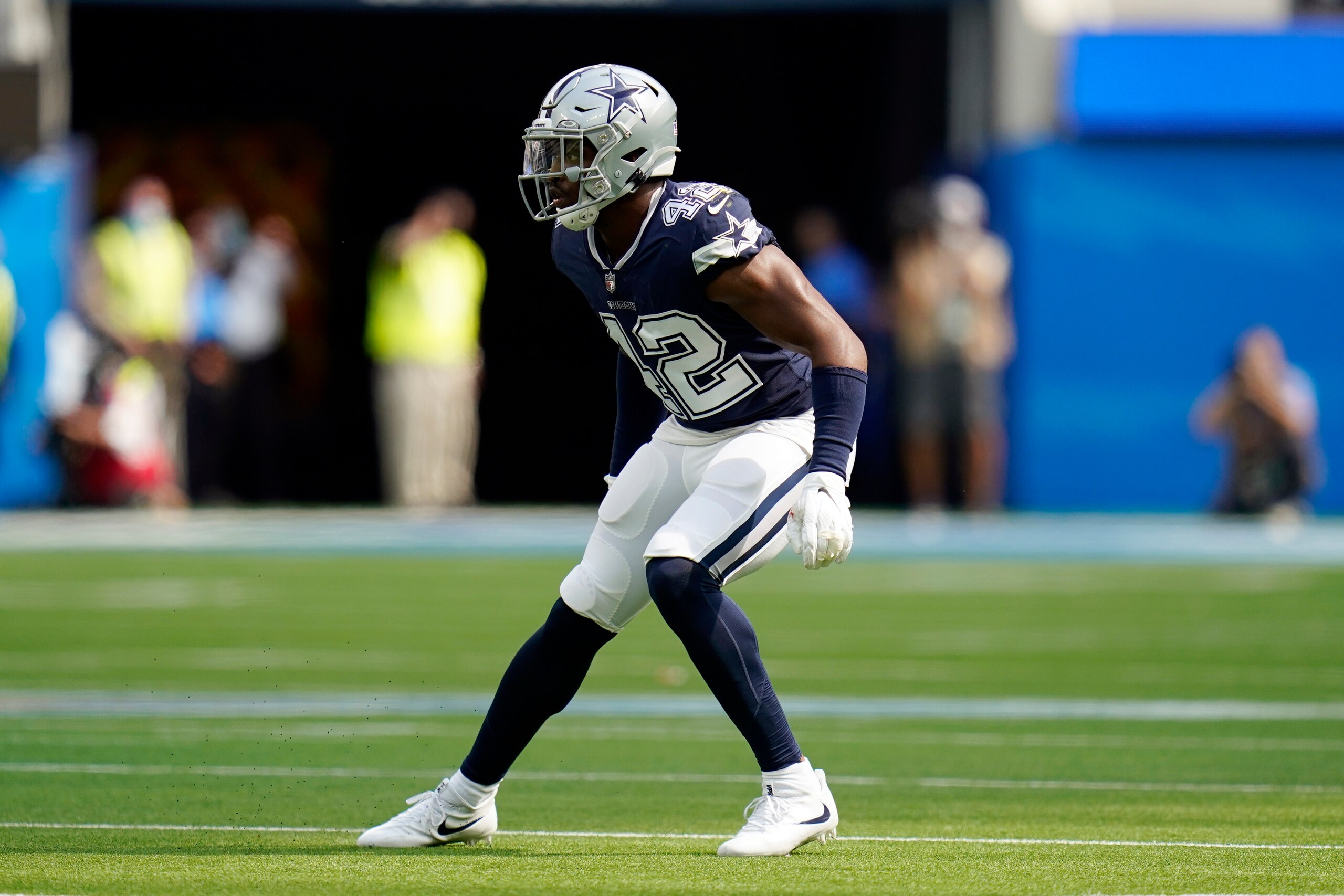 Dallas Cowboys linebacker Keanu Neal (42) defends during the first half of an NFL football game Sunday, Sept. 19, 2021, in Inglewood, Calif. (AP Photo/Gregory Bull)