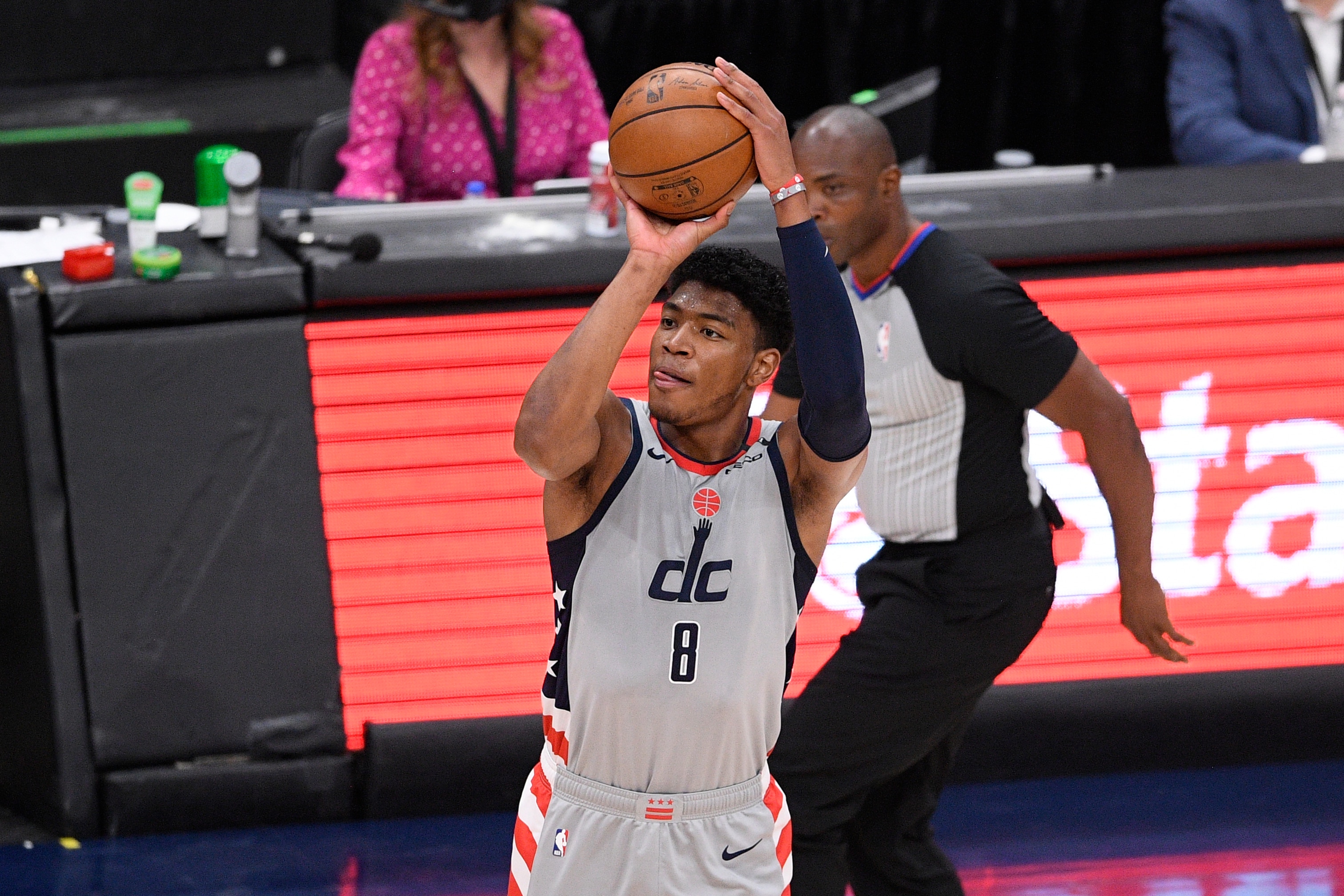 Washington Wizards forward Rui Hachimura (8) shoots during the first half of Game 4 in a first-round NBA basketball playoff series against the Philadelphia 76ers, Monday, May 31, 2021, in Washington. (AP Photo/Nick Wass)