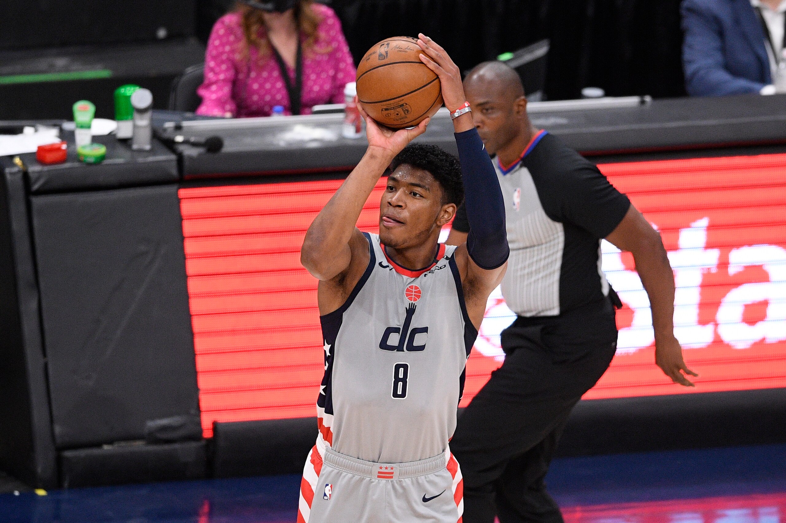 Washington Wizards forward Rui Hachimura (8) shoots during the first half of Game 4 in a first-round NBA basketball playoff series against the Philadelphia 76ers, Monday, May 31, 2021, in Washington. (AP Photo/Nick Wass)