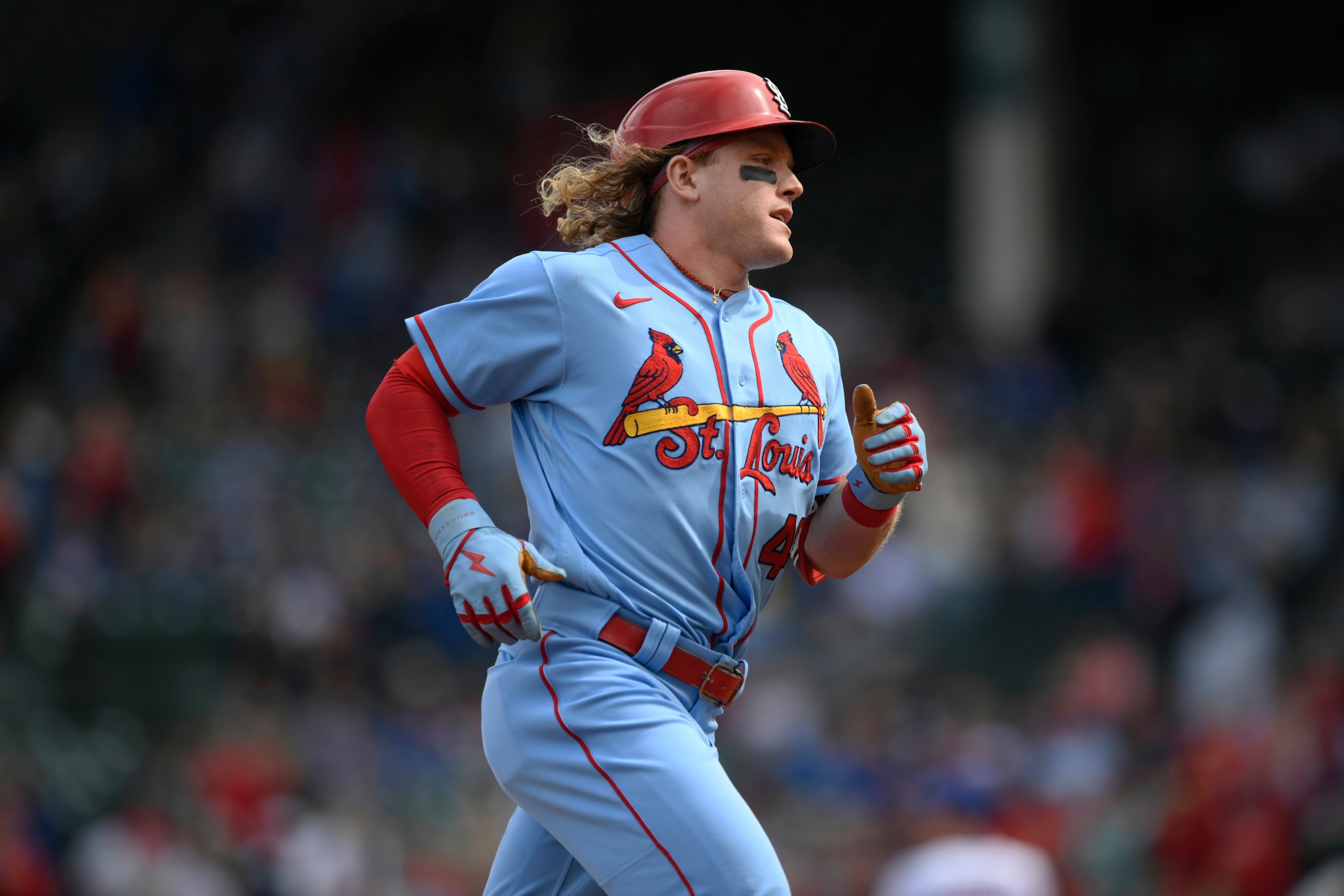 St. Louis Cardinals' Harrison Bader rounds third base after hitting a solo home run during the second inning of a baseball game against the Chicago Cubs Saturday, Sept. 25, 2021, in Chicago. (AP Photo/Paul Beaty)