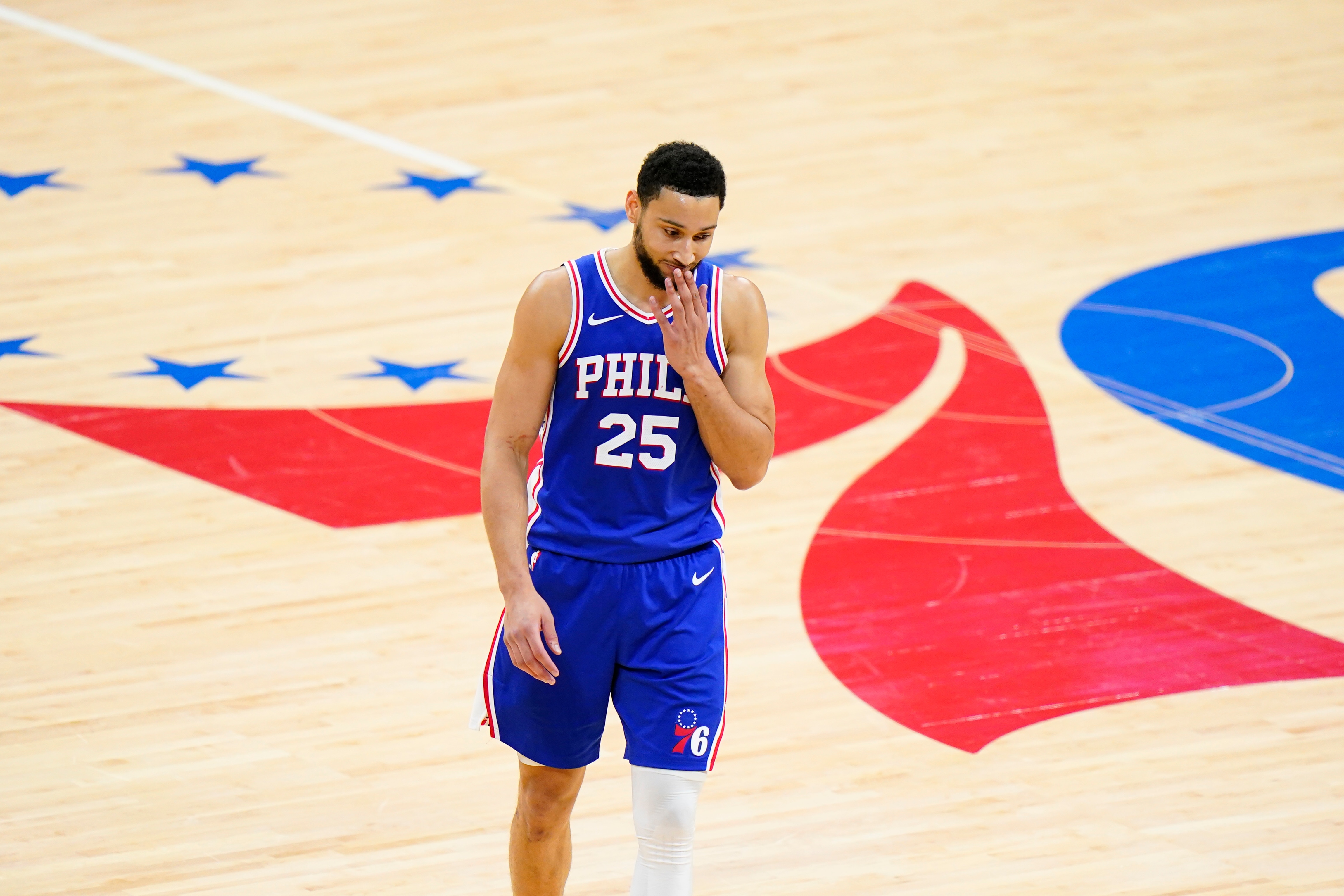 Philadelphia 76ers' Ben Simmons wipes his face during the second half of Game 5 in a second-round NBA basketball playoff series against the Atlanta Hawks, Wednesday, June 16, 2021, in Philadelphia. All-Star guard Ben Simmons could be on the trading block after a miserable postseason. (AP Photo/Matt Slocum) Philadelphia 76ers' Ben Simmons wipes his face during the second half of Game 5 in a second-round NBA basketball playoff series against the Atlanta Hawks, Wednesday, June 16, 2021, in Philadelphia. All-Star guard Ben Simmons could be on the trading block after a miserable postseason. (AP Photo/Matt Slocum)