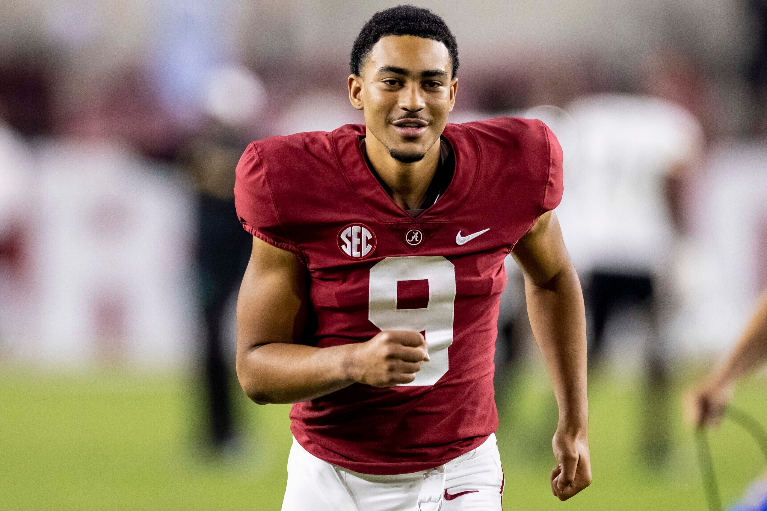 Alabama quarterback Bryce Young (9) jogs off the field after an NCAA college football game against Southern Mississippi, Saturday, Sept. 25, 2021, in Tuscaloosa, Ala. (AP Photo/Vasha Hunt) Alabama quarterback Bryce Young (9) jogs off the field after an NCAA college football game against Southern Mississippi, Saturday, Sept. 25, 2021, in Tuscaloosa, Ala. (AP Photo/Vasha Hunt)