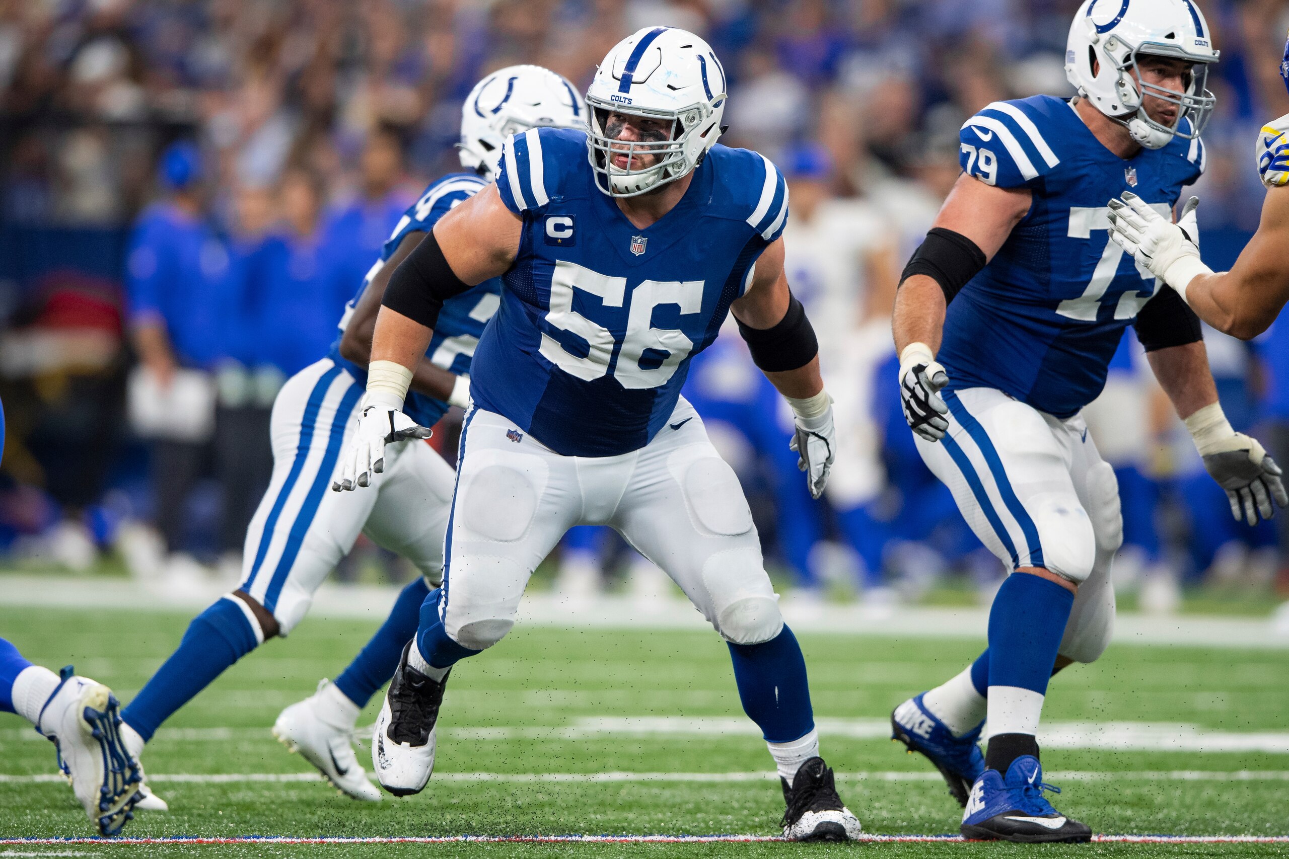 Indianapolis Colts guard Quenton Nelson (56) drops into pass protection during an NFL football game against the Los Angeles Rams, Sunday, Sept. 19, 2021, in Indianapolis. (AP Photo/Zach Bolinger)