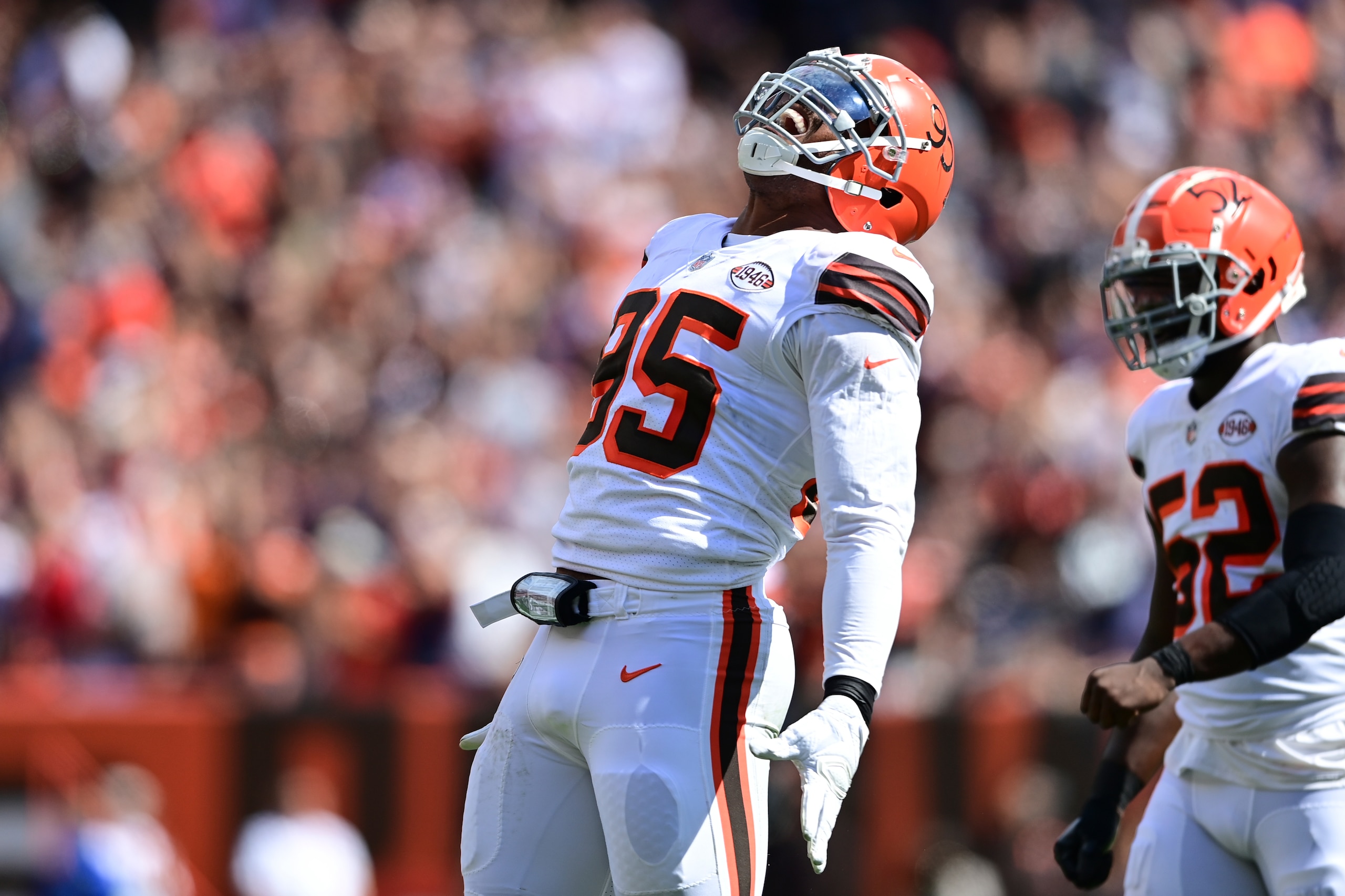 Cleveland Browns defensive end Myles Garrett (95) celebrates a sack during the first half of an NFL football game against the Chicago Bears, Sunday, Sept. 26, 2021, in Cleveland. (AP Photo/David Dermer) Cleveland Browns defensive end Myles Garrett (95) celebrates a sack during the first half of an NFL football game against the Chicago Bears, Sunday, Sept. 26, 2021, in Cleveland. (AP Photo/David Dermer)