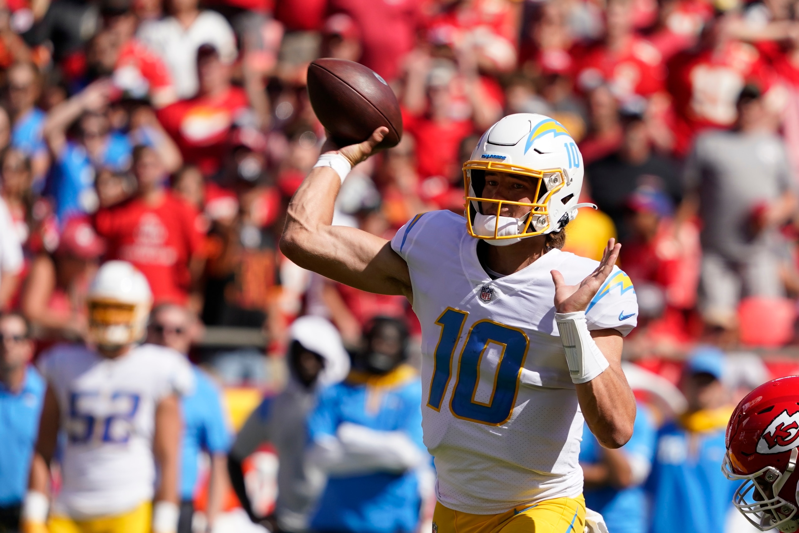 Los Angeles Chargers quarterback Justin Herbert (10) throws during the second half of an NFL football game against the Kansas City Chiefs, Sunday, Sept. 26, 2021, in Kansas City, Mo. (AP Photo/Ed Zurga)