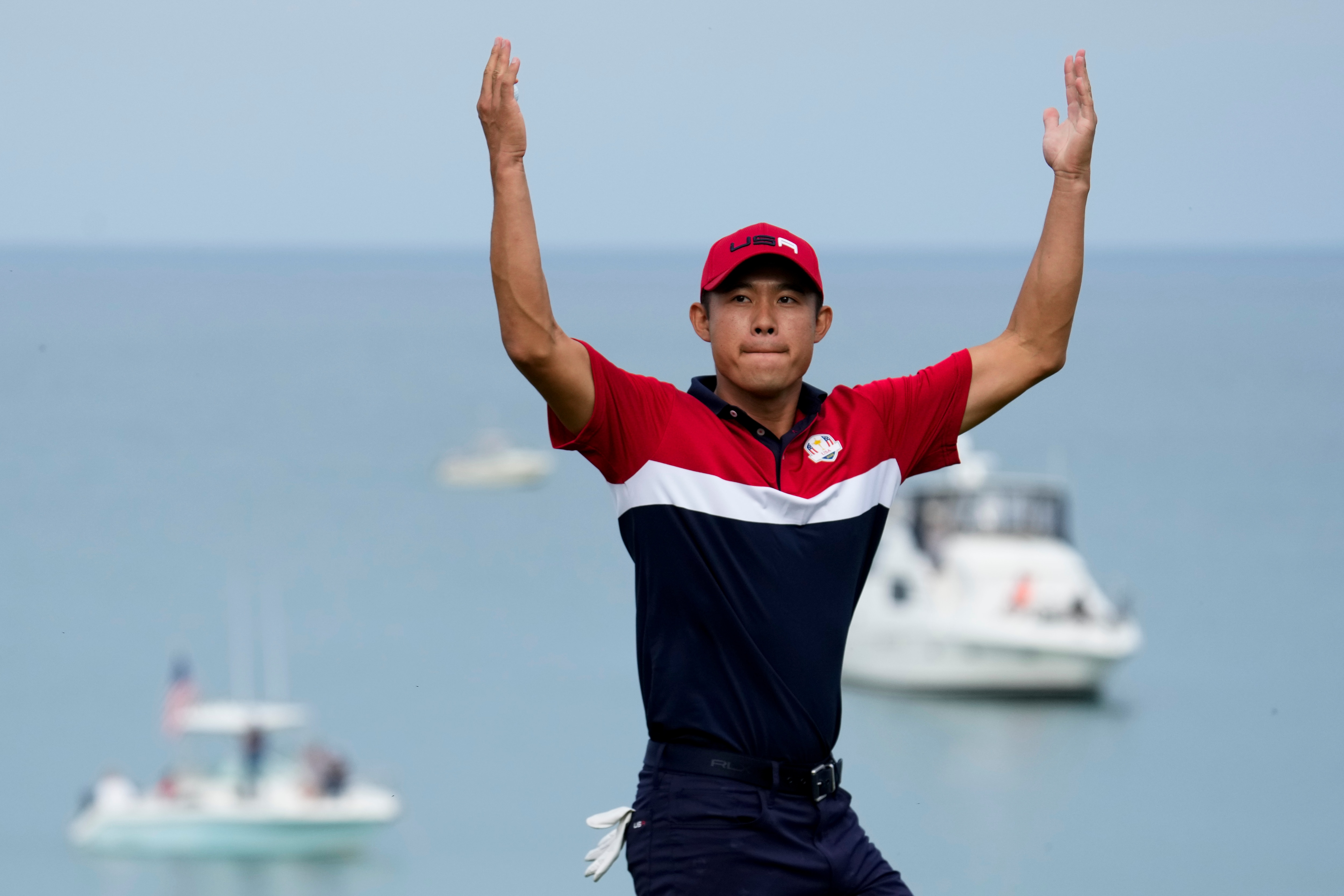 Team USA's Collin Morikawa reacts after winning the 17th hole during a Ryder Cup singles match at the Whistling Straits Golf Course Sunday, Sept. 26, 2021, in Sheboygan, Wis. (AP Photo/Ashley Landis)