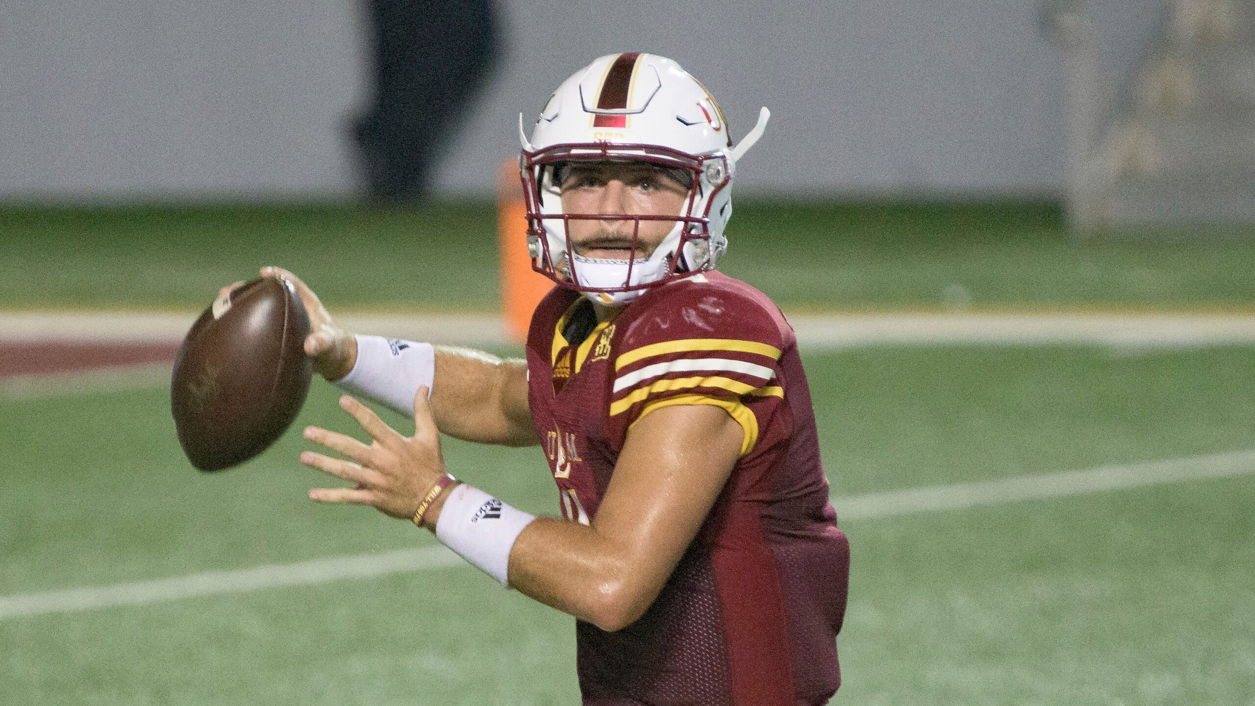 Louisiana Monroe quarterback Rhett Rodriguez (4) throws during an NCAA football game against Jackson State on Saturday, Sept. 18, 2021, in Monroe, La. (AP Photo/Matthew Hinton)
