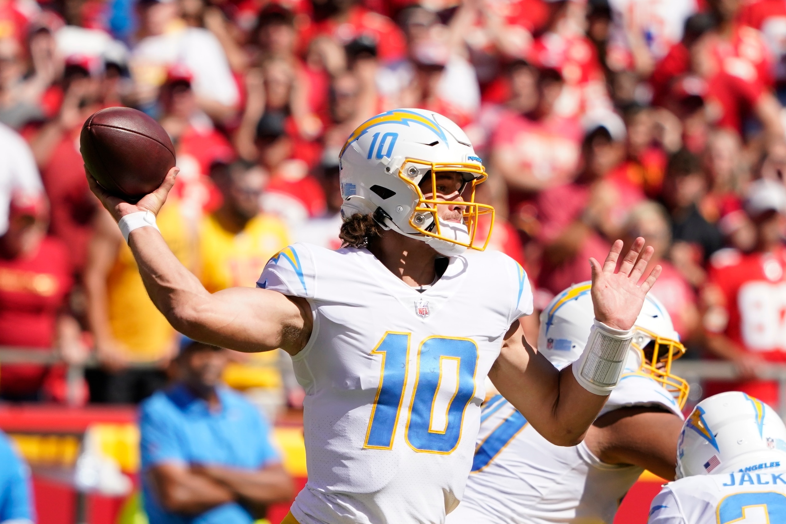Los Angeles Chargers quarterback Justin Herbert (10) throws during the second half of an NFL football game against the Kansas City Chiefs, Sunday, Sept. 26, 2021, in Kansas City, Mo. (AP Photo/Ed Zurga)
