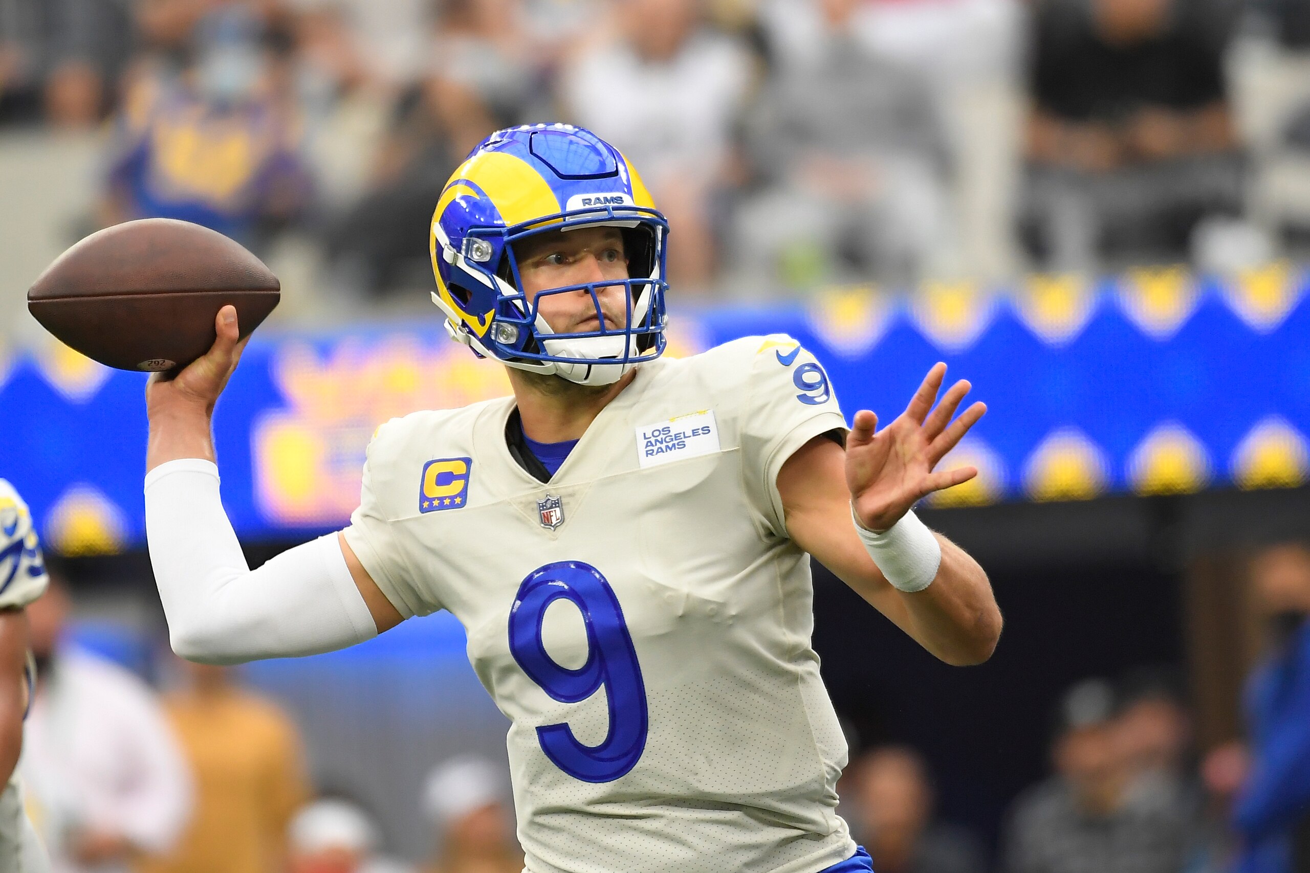 Los Angeles Rams quarterback Matthew Stafford throws during the second half of an NFL football game against the Tampa Bay Buccaneers Sunday, Sept. 26, 2021, in Inglewood, Calif. (AP Photo/Kevork Djansezian) Los Angeles Rams quarterback Matthew Stafford throws during the second half of an NFL football game against the Tampa Bay Buccaneers Sunday, Sept. 26, 2021, in Inglewood, Calif. (AP Photo/Kevork Djansezian)