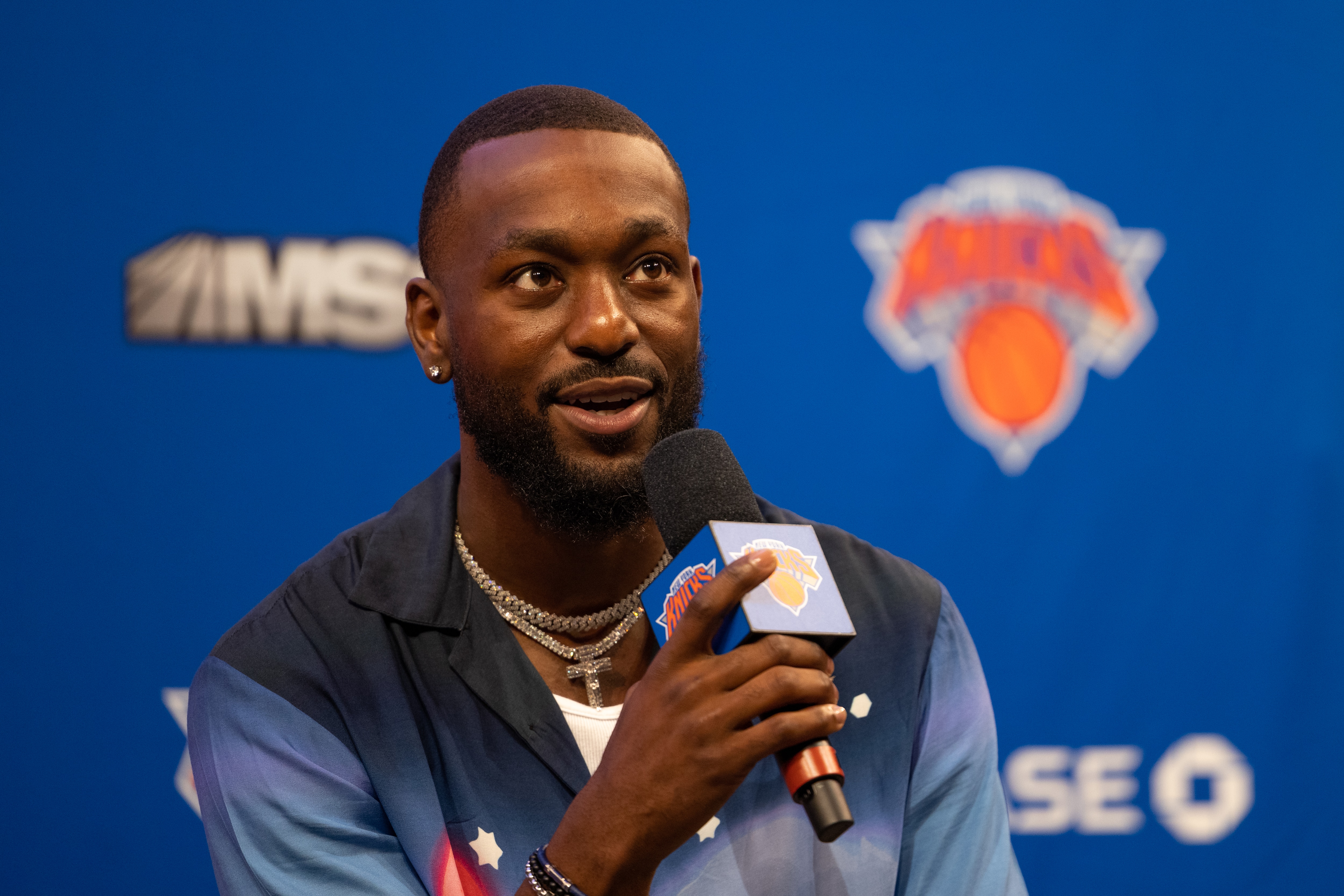 NEW YORK, NY - AUGUST 17: Kemba Walker #8 of the New York Knicks during a press conference at Madison Square Garden on August 17, 2021 in New York City. (Photo by Dustin Satloff/Getty Images)