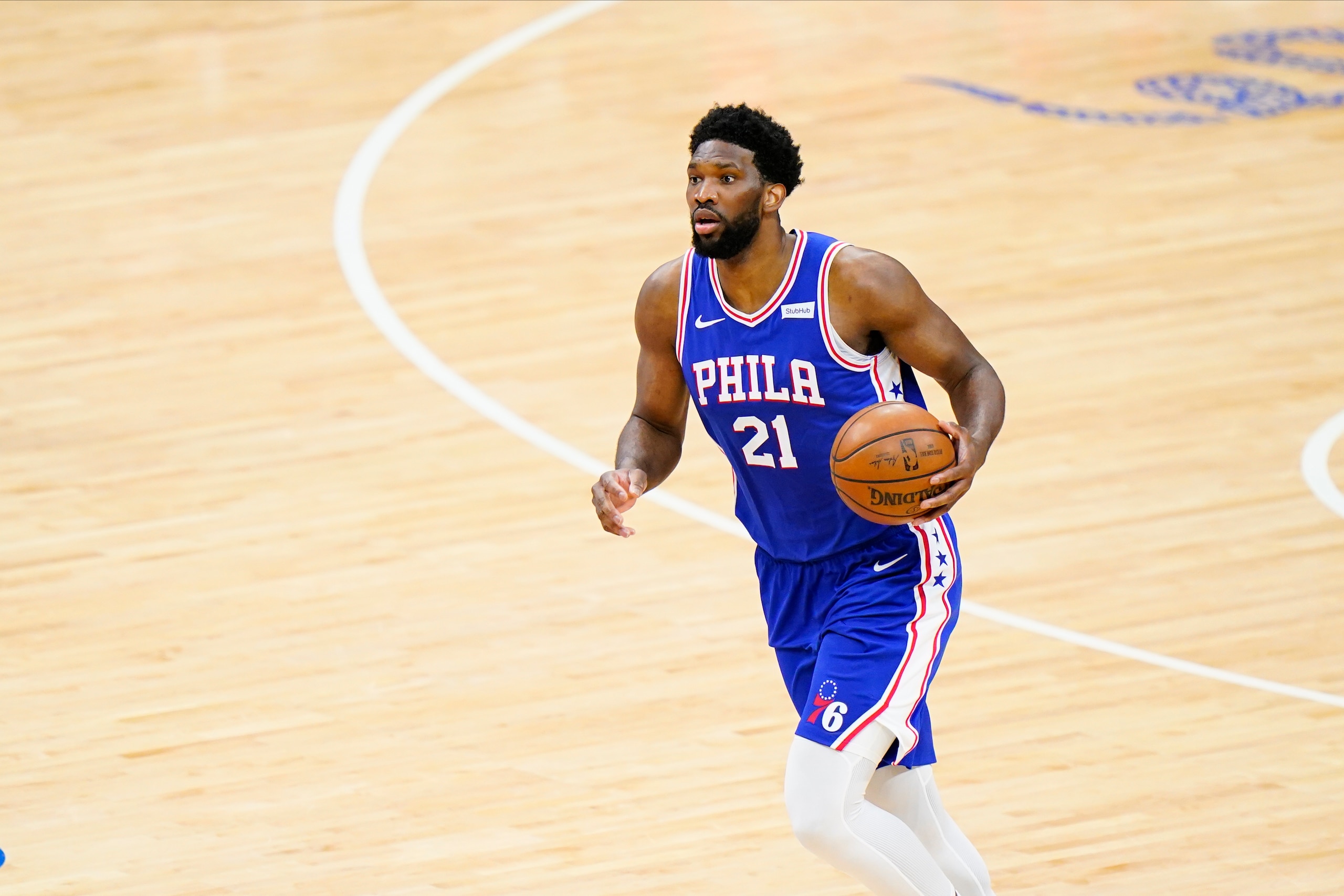 Philadelphia 76ers' Joel Embiid plays during Game 5 in a second-round NBA basketball playoff series against the Atlanta Hawks, Wednesday, June 16, 2021, in Philadelphia. (AP Photo/Matt Slocum)