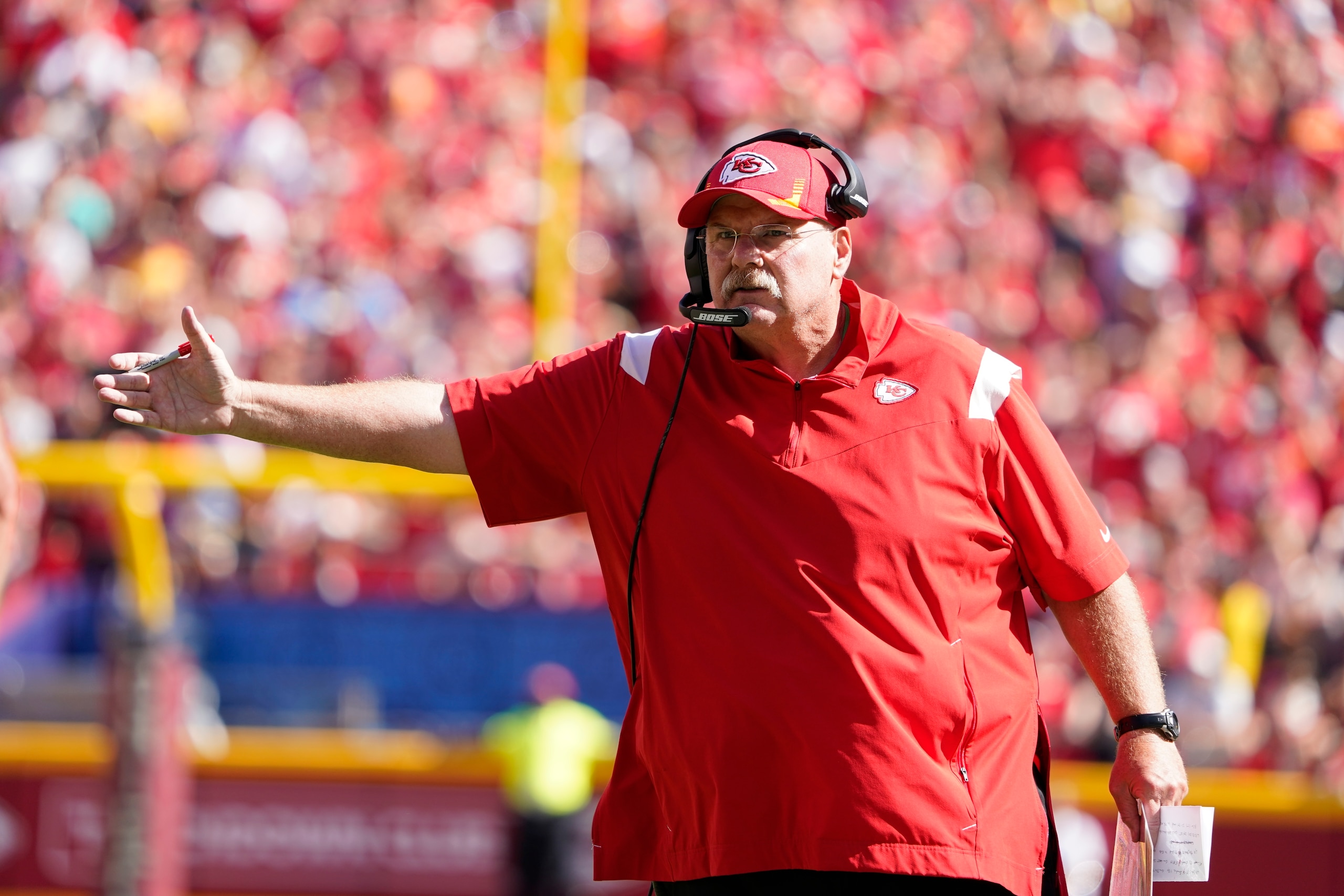 Kansas City Chiefs head coach Andy Reid argues a call during the second half of an NFL football game against the Los Angeles Chargers, Sunday, Sept. 26, 2021, in Kansas City, Mo. (AP Photo/Ed Zurga)