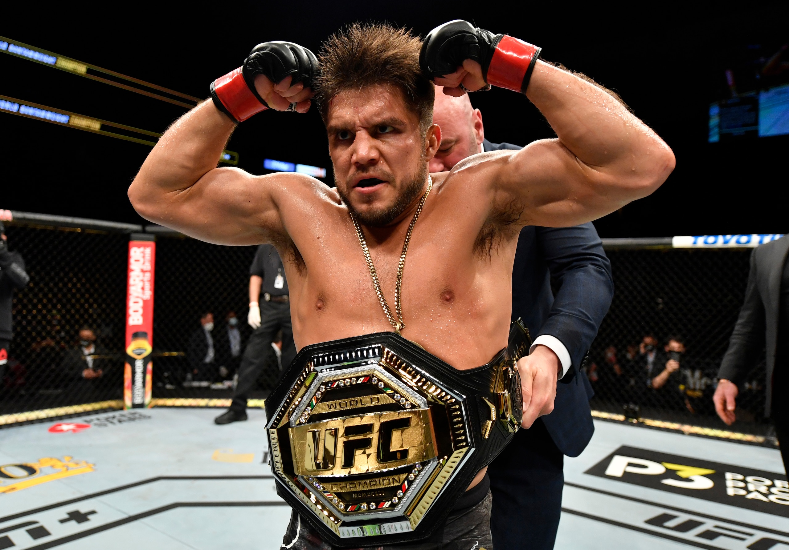 JACKSONVILLE, FLORIDA - MAY 09: Henry Cejudo celebrates after his knockout victory over Dominick Cruz in their UFC bantamweight championship fight during the UFC 249 event at VyStar Veterans Memorial Arena on May 09, 2020 in Jacksonville, Florida. (Photo by Jeff Bottari/Zuffa LLC)