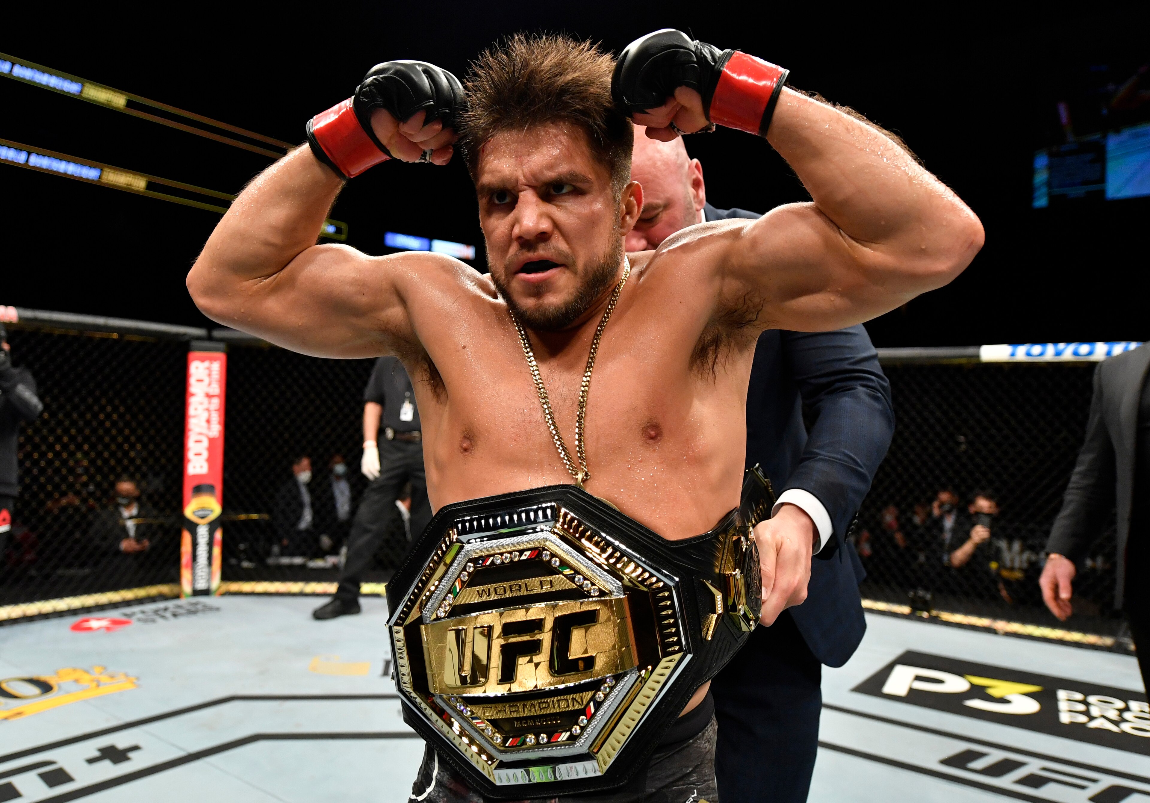 JACKSONVILLE, FLORIDA - MAY 09: Henry Cejudo celebrates after his knockout victory over Dominick Cruz in their UFC bantamweight championship fight during the UFC 249 event at VyStar Veterans Memorial Arena on May 09, 2020 in Jacksonville, Florida. (Photo by Jeff Bottari/Zuffa LLC)