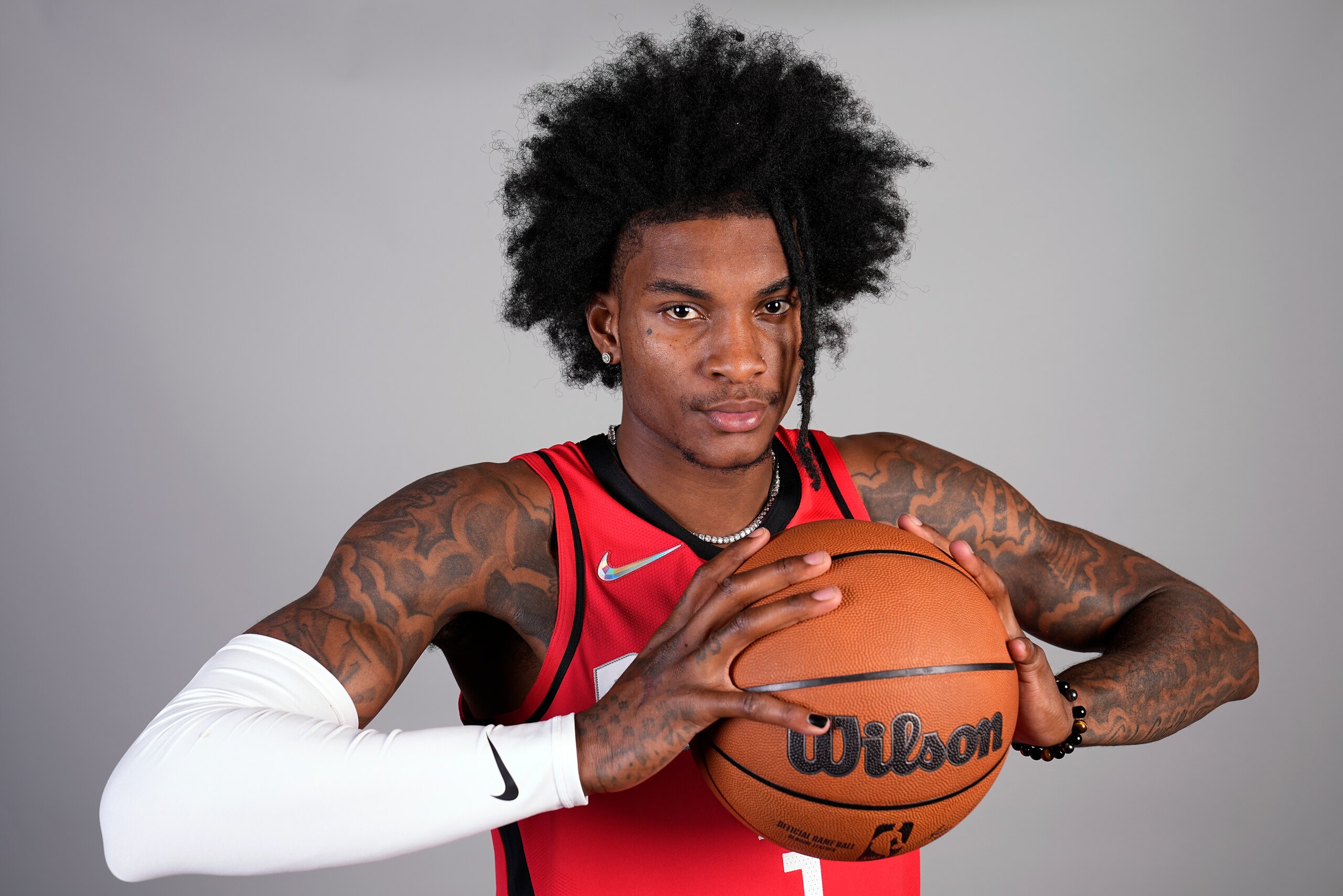 Houston Rockets' Kevin Porter Jr. poses for a photograph during an NBA basketball media day Monday, Sept. 27, 2021, in Houston. (AP Photo/David J. Phillip)