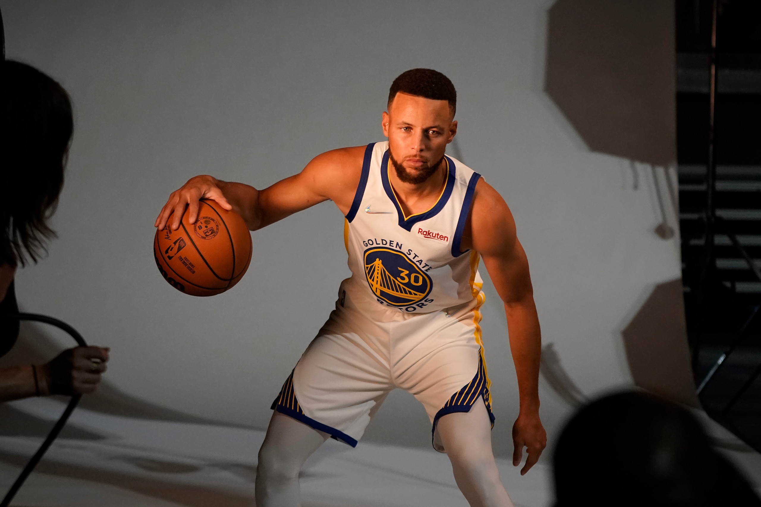 Golden State Warriors guard Stephen Curry poses for photos during the NBA basketball team's media day in San Francisco, Monday, Sept. 27, 2021. (AP Photo/Jeff Chiu)
