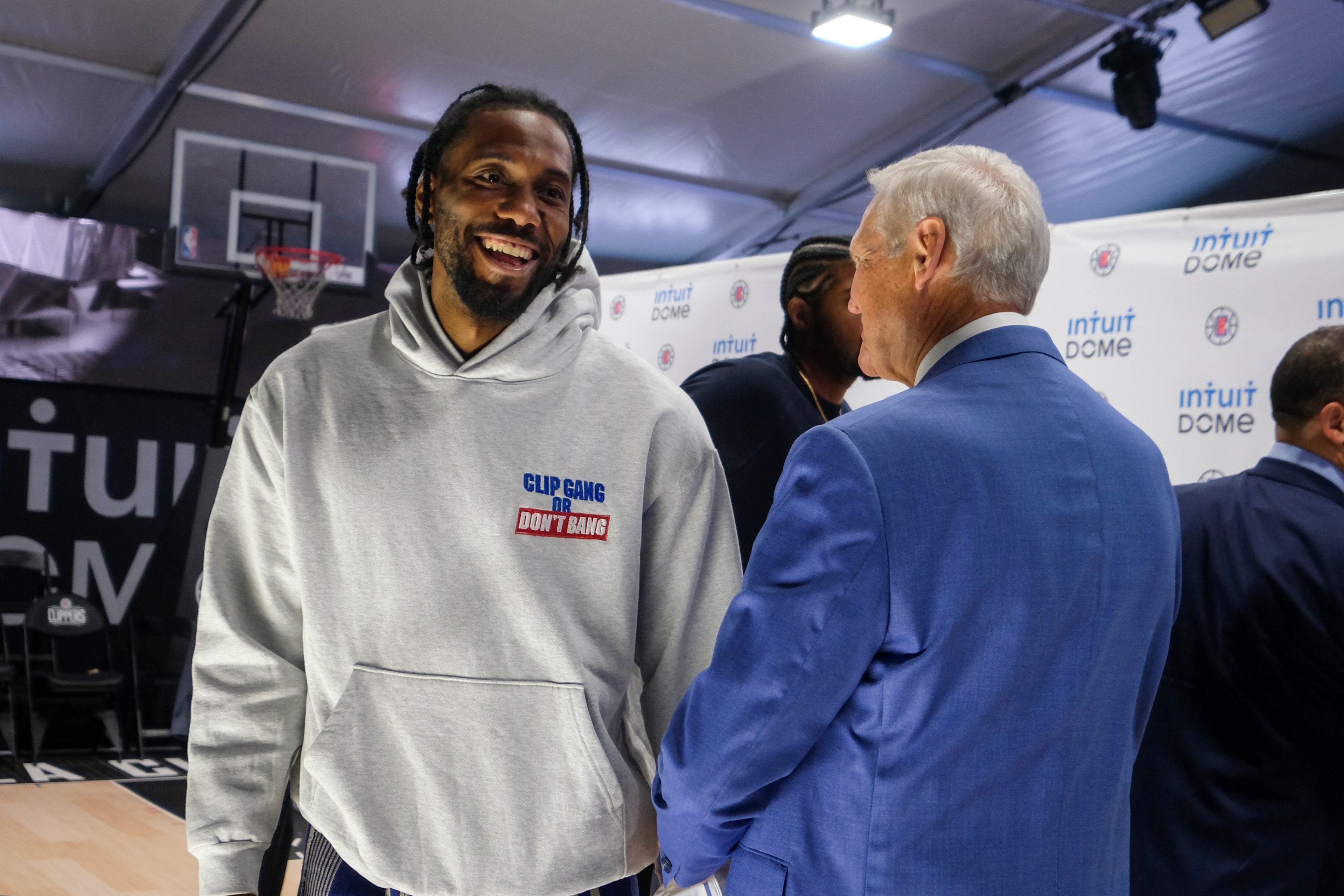 Los Angeles Clippers star Kawhi Leonard and Jerry West attend a groundbreaking ceremony of the Intuit Dome, Friday, Sept. 17, 2021, in Inglewood, Calif. The Clippers' long-awaited, $1.8 billion, the privately funded arena is officially named Intuit Dome. The practice facility, team offices for both business and basketball operations, retail space, and more will all be on the site when it opens in 2024. (AP Photo/Ringo H.W. Chiu) Los Angeles Clippers star Kawhi Leonard and Jerry West attend a groundbreaking ceremony of the Intuit Dome, Friday, Sept. 17, 2021, in Inglewood, Calif. The Clippers' long-awaited, $1.8 billion, the privately funded arena is officially named Intuit Dome. The practice facility, team offices for both business and basketball operations, retail space, and more will all be on the site when it opens in 2024. (AP Photo/Ringo H.W. Chiu)