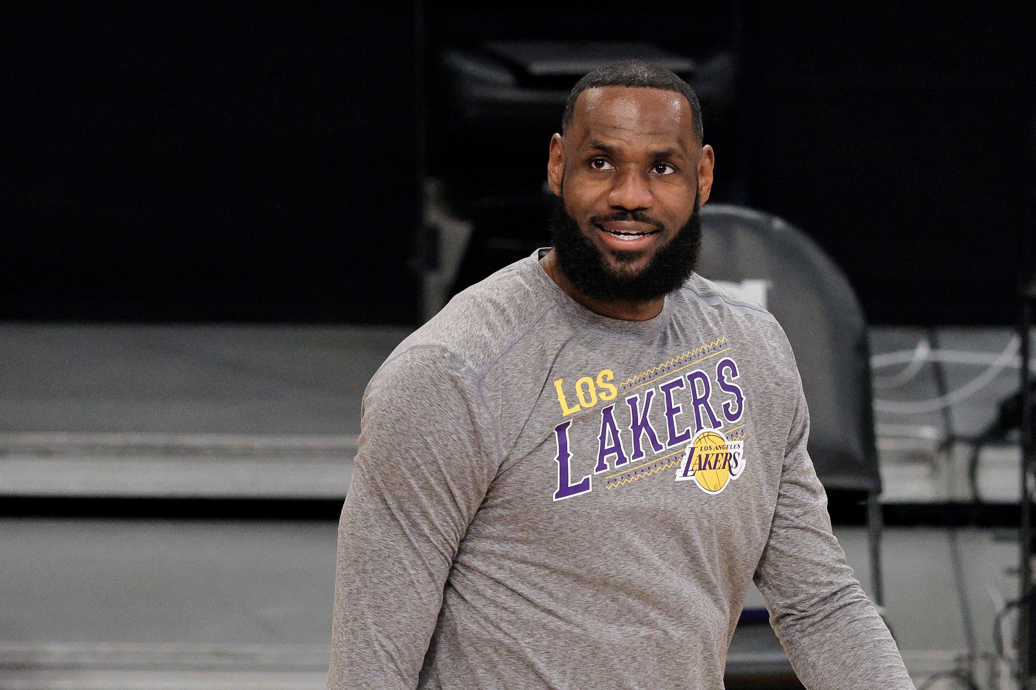 LOS ANGELES, CALIFORNIA - MARCH 20: LeBron James #23 of the Los Angeles Lakers warms up prior to a game against the Atlanta Hawks at Staples Center on March 20, 2021 in Los Angeles, California. NOTE TO USER: User expressly acknowledges and agrees that, by downloading and or using this photograph, User is consenting to the terms and conditions of the Getty Images License Agreement. (Photo by Michael Owens/Getty Images)