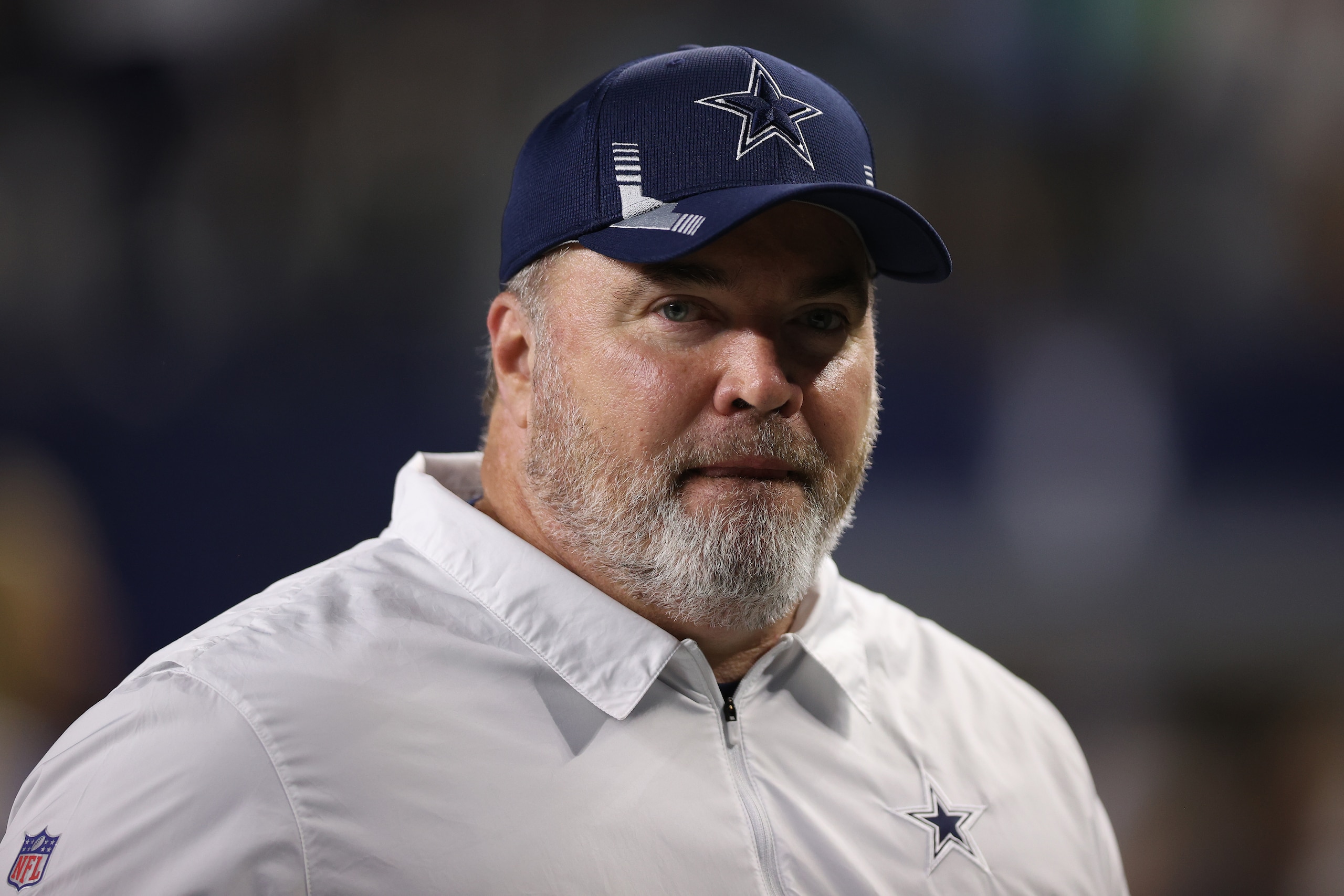 ARLINGTON, TEXAS - SEPTEMBER 27: Head coach Mike McCarthy of the Dallas Cowboys looks on while playing the Philadelphia Eagles at AT&T Stadium on September 27, 2021 in Arlington, Texas. (Photo by Tom Pennington/Getty Images)