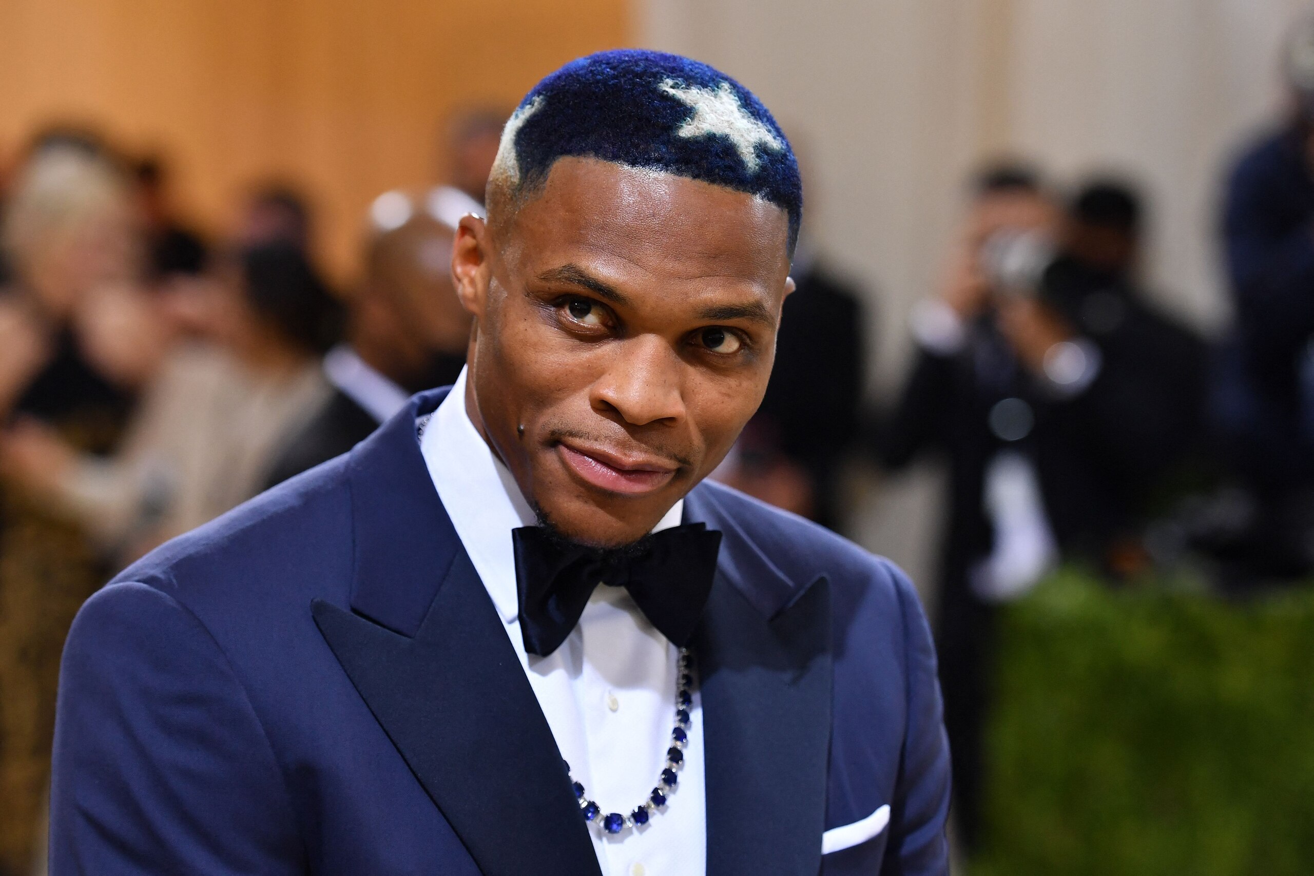 US basketball player Russell Westbrook arrives for the 2021 Met Gala at the Metropolitan Museum of Art on September 13, 2021 in New York. (Photo by Angela WEISS / AFP) (Photo by ANGELA WEISS/AFP via Getty Images)