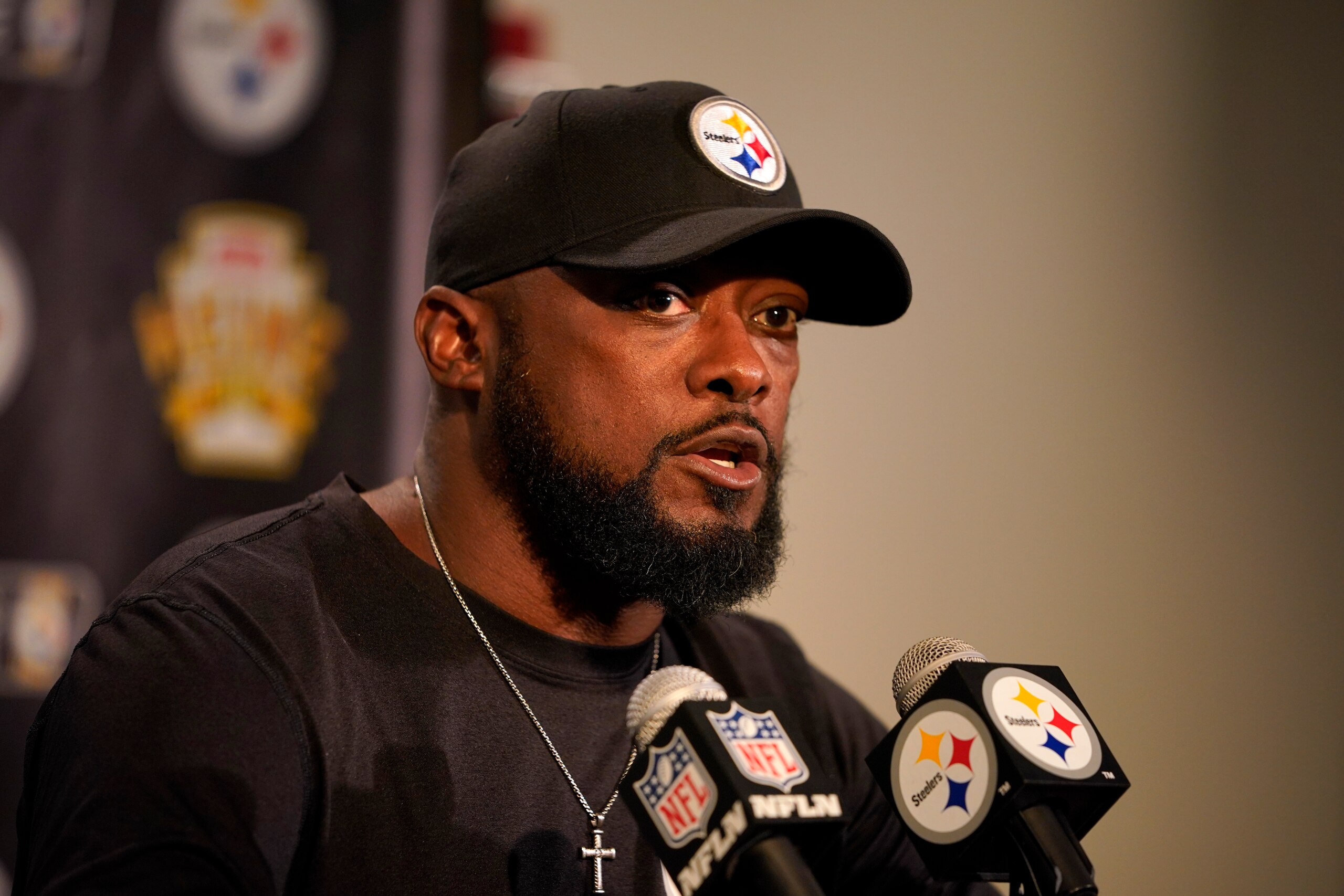 Pittsburgh Steelers head coach Mike Tomlin meets with reporters after an NFL football game against the Cincinnati Bengals in Pittsburgh, Sunday, Sept. 26, 2021. The Bengals won 24-10. (AP Photo/Gene J. Puskar)
