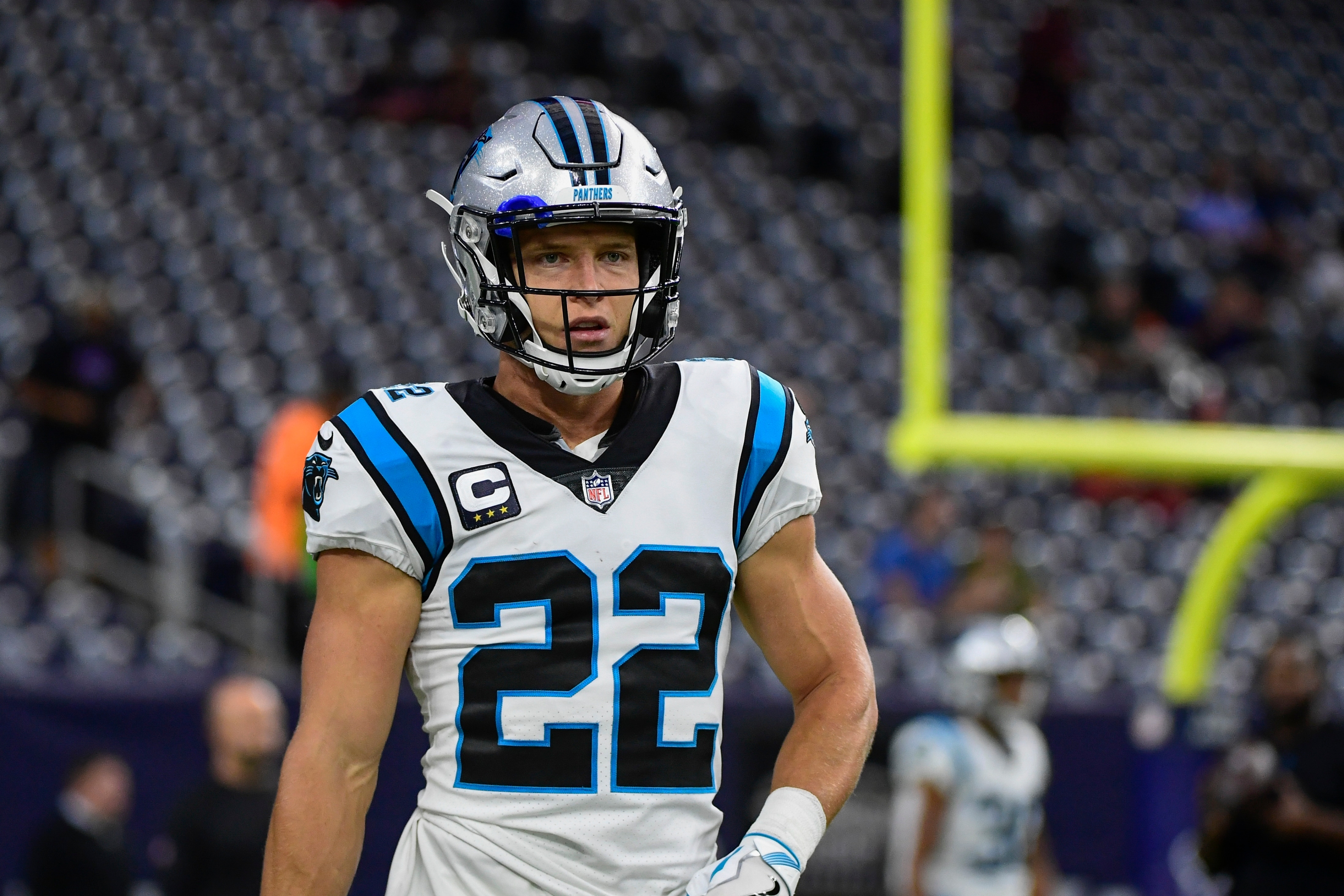 Carolina Panthers running back Christian McCaffrey (22) warms up before an NFL football game against the Houston Texans Thursday, Sept. 23, 2021, in Houston. (AP Photo/Justin Rex)