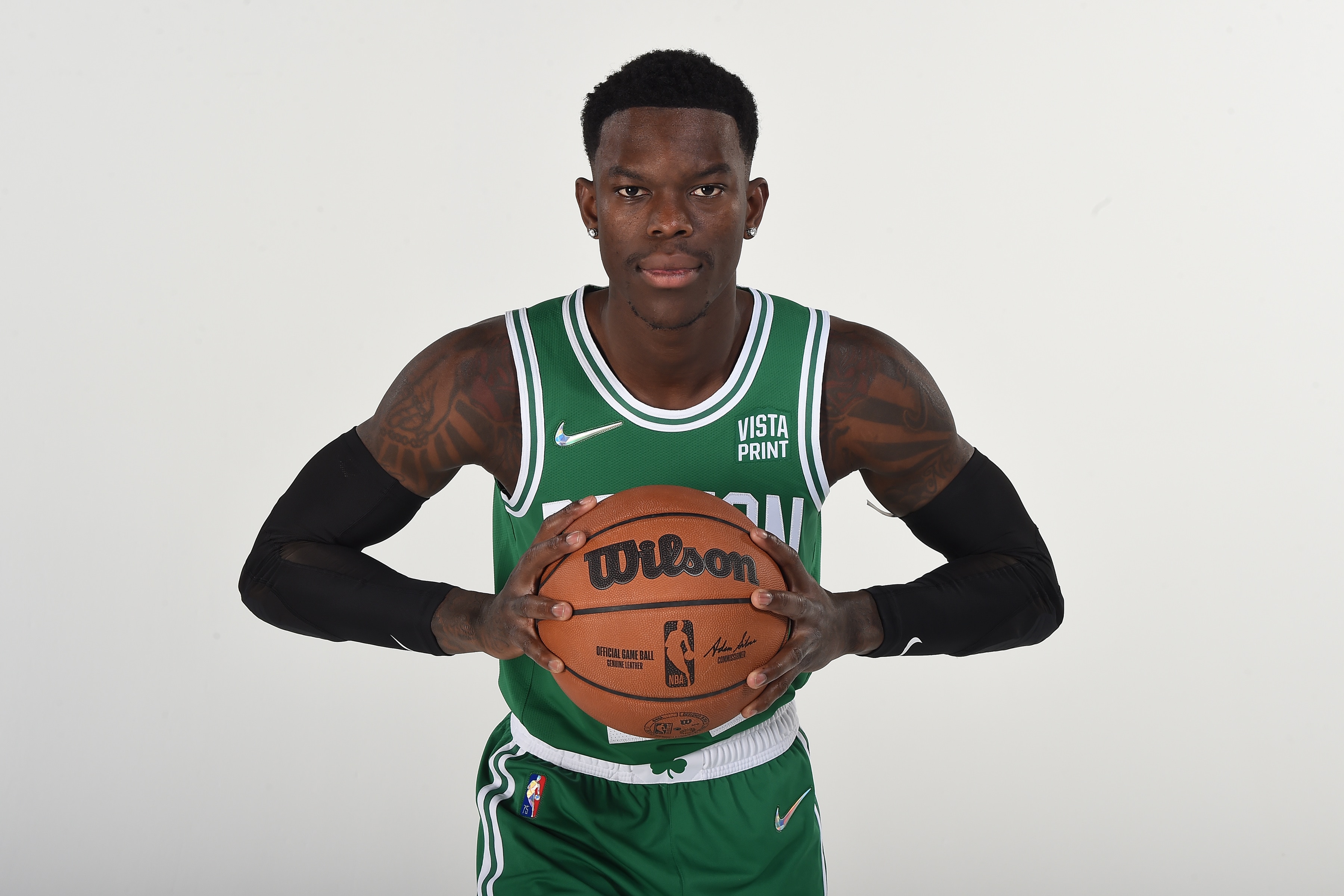 BOSTON, MA - SEPTEMBER 27: Dennis Schroder #71 of the Boston Celtics poses for a head shot during NBA media day on September 27, 2021 at the TD Garden in Boston, Massachusetts. NOTE TO USER: User expressly acknowledges and agrees that, by downloading and or using this photograph, User is consenting to the terms and conditions of the Getty Images License Agreement. Mandatory Copyright Notice: Copyright 2021 NBAE (Photo by Brian Babineau/NBAE via Getty Images)