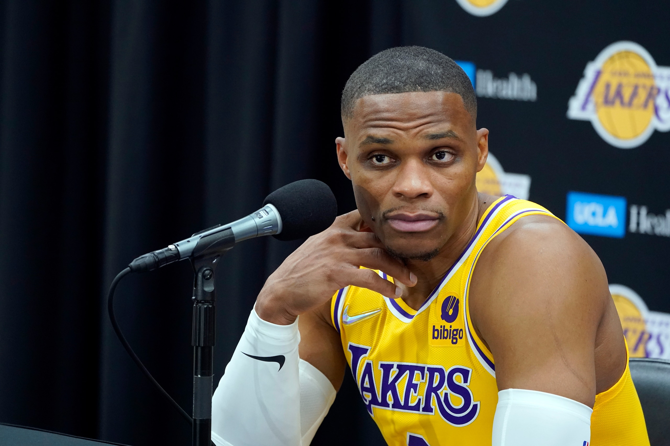 Los Angeles Lakers guard Russell Westbrook fields questions during the NBA basketball team's Media Day Tuesday, Sept. 28, 2021, in El Segundo, Calif. (AP Photo/Marcio Jose Sanchez)