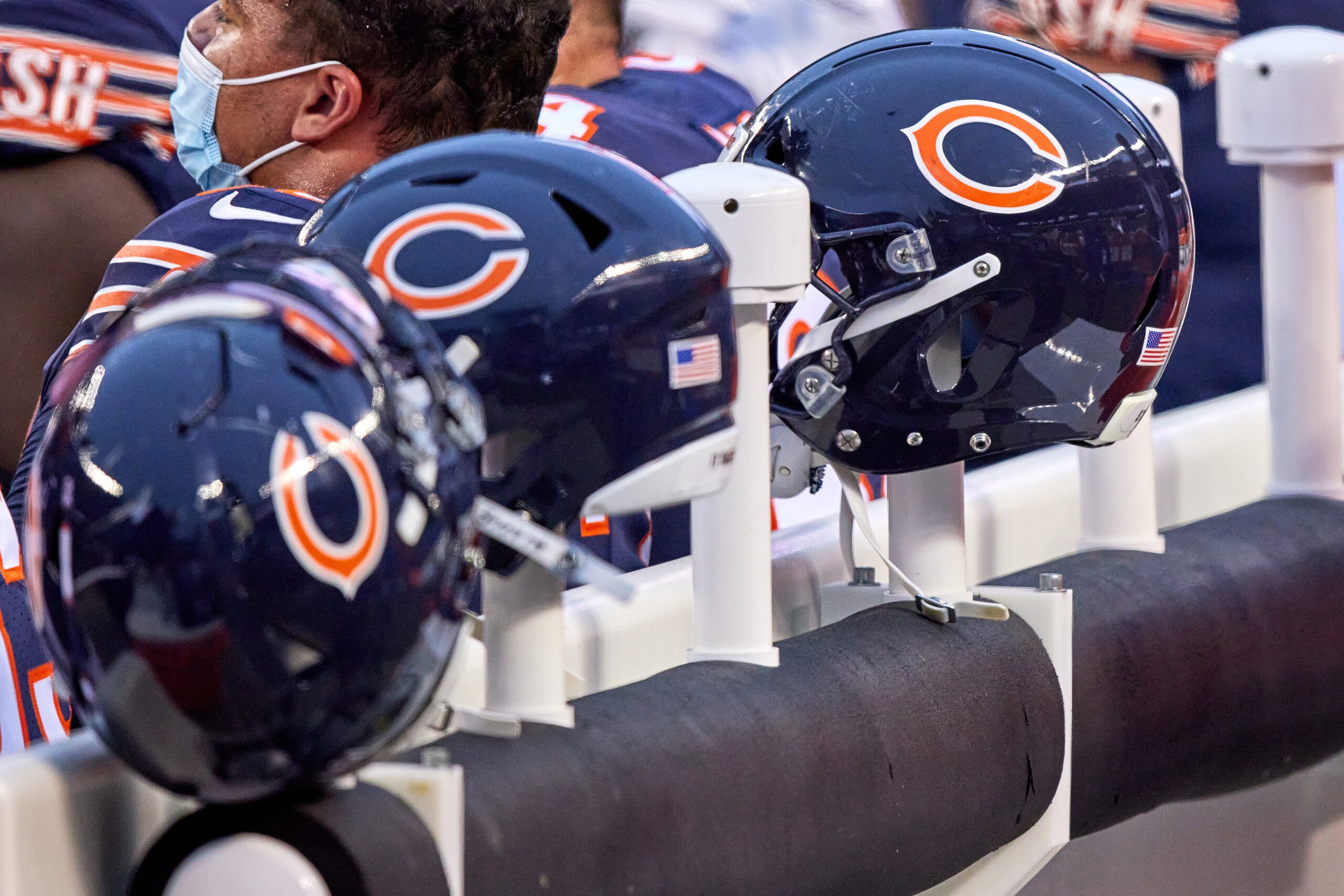 CHICAGO, IL - JANUARY 03: detailed view of a Chicago Bears helmet is seen hanging on bench helmet holder in action during a game between the Chicago Bears and the Green Bay Packers on January 03, 2021 at Soldier Field in Chicago, IL. (Photo by Robin Alam/Icon Sportswire via Getty Images) CHICAGO, IL - JANUARY 03: detailed view of a Chicago Bears helmet is seen hanging on bench helmet holder in action during a game between the Chicago Bears and the Green Bay Packers on January 03, 2021 at Soldier Field in Chicago, IL. (Photo by Robin Alam/Icon Sportswire via Getty Images)
