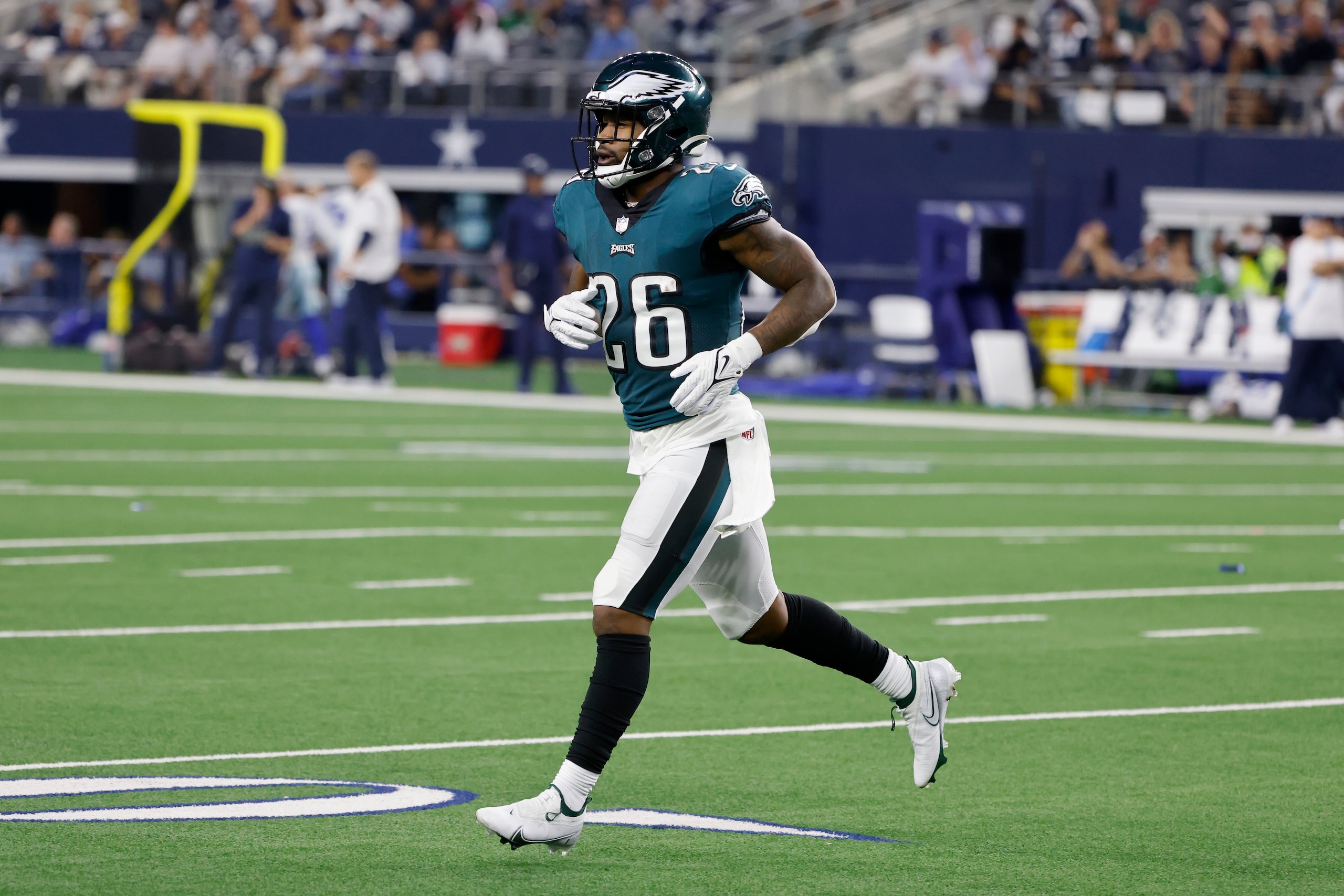 Philadelphia Eagles' Miles Sanders jogs to the sideline in the second half of an NFL football game against the Dallas Cowboys in Arlington, Texas, Monday, Sept. 27, 2021. (AP Photo/Michael Ainsworth) Philadelphia Eagles' Miles Sanders jogs to the sideline in the second half of an NFL football game against the Dallas Cowboys in Arlington, Texas, Monday, Sept. 27, 2021. (AP Photo/Michael Ainsworth)
