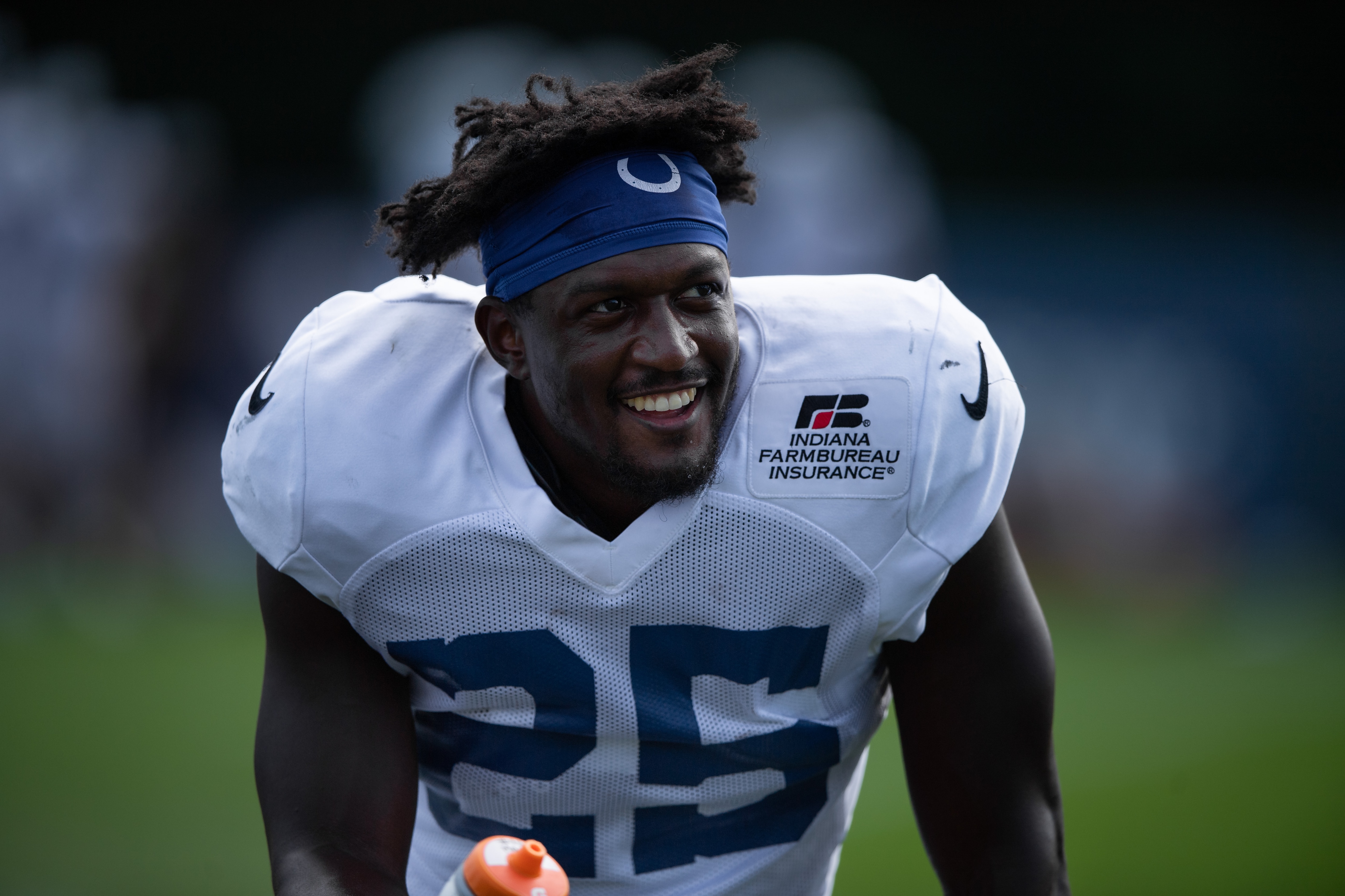 WESTFIELD, IN - AUGUST 18: Indianapolis Colts running back Marlon Mack (25) runs through a drill during the Indianapolis Colts training camp practice on August 18, 2021 at Grand Park Sports Complex in Westfield, IN. (Photo by Zach Bolinger/Icon Sportswire via Getty Images)