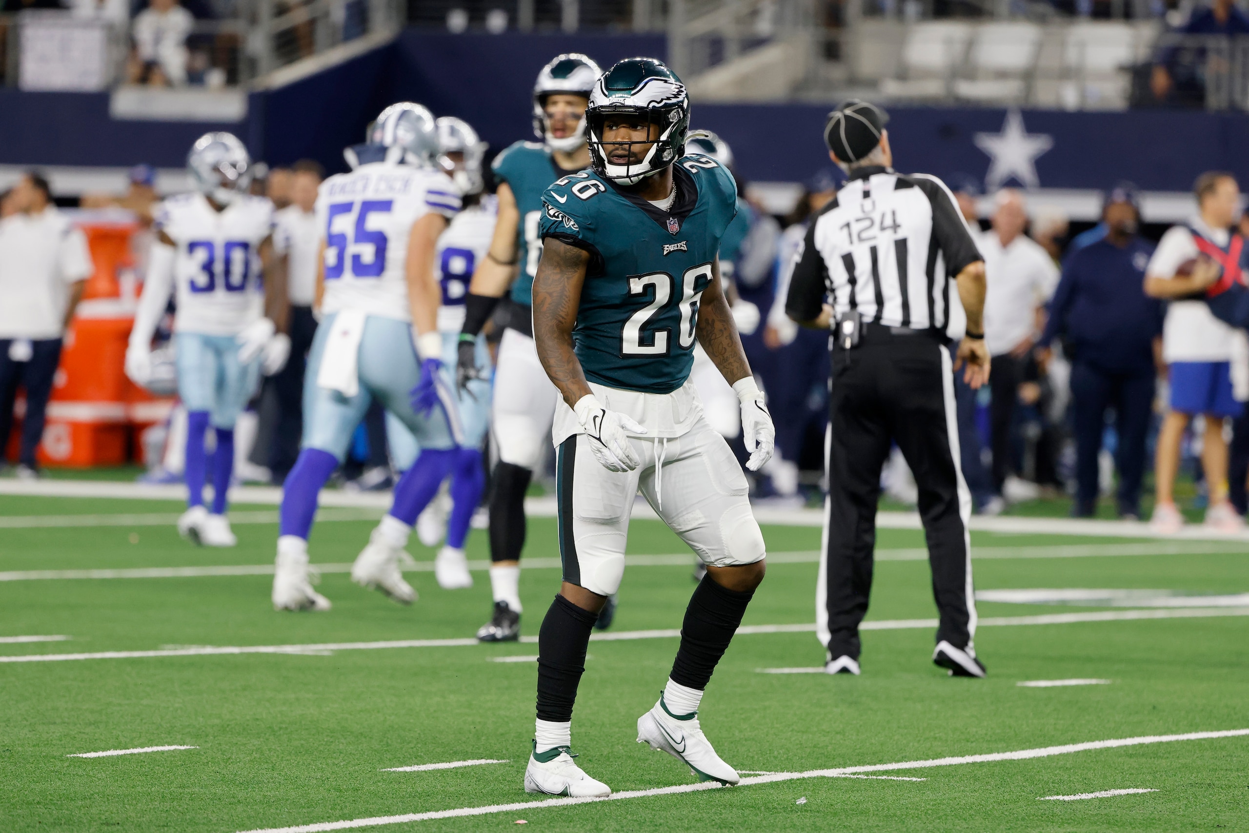 Philadelphia Eagles running back Miles Sanders (26) looks to the sideline in the second half of an NFL football game against the Dallas Cowboys in Arlington, Texas, Monday, Sept. 27, 2021. (AP Photo/Michael Ainsworth) Philadelphia Eagles running back Miles Sanders (26) looks to the sideline in the second half of an NFL football game against the Dallas Cowboys in Arlington, Texas, Monday, Sept. 27, 2021. (AP Photo/Michael Ainsworth)