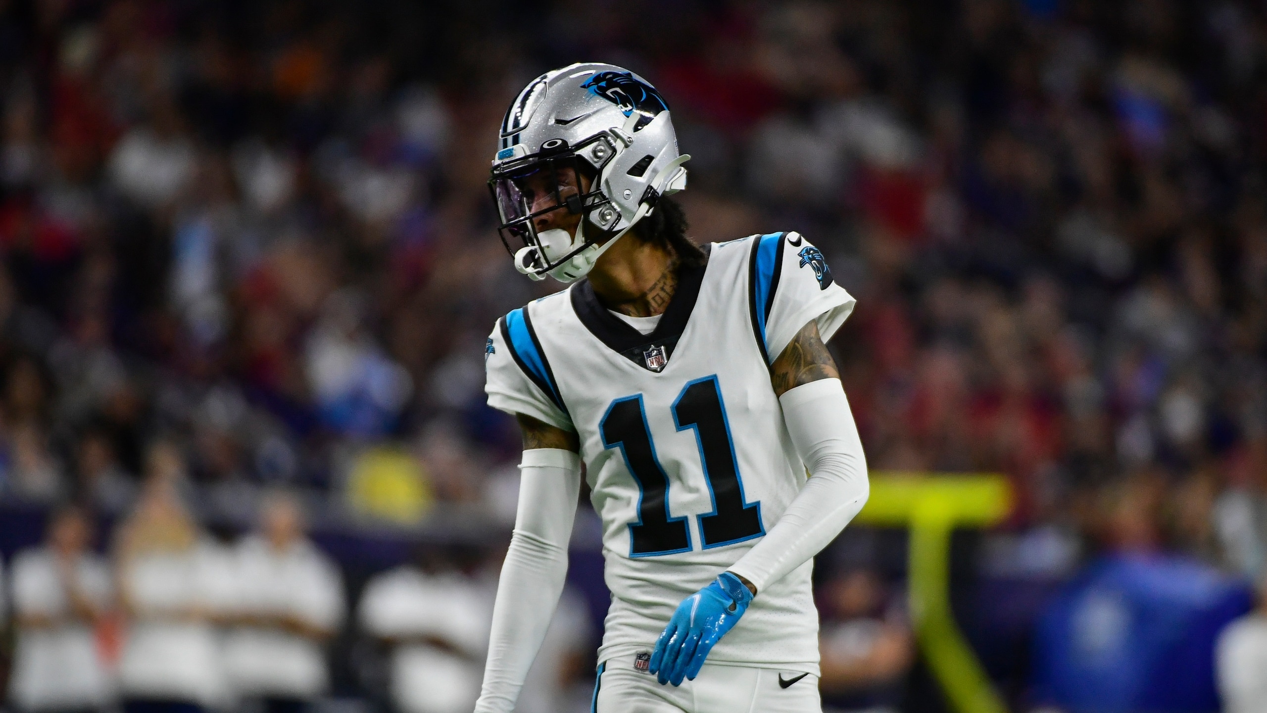 Carolina Panthers wide receiver Robby Anderson (11) lines up against the Houston Texans during the second half of an NFL football game Thursday, Sept. 23, 2021, in Houston. (AP Photo/Justin Rex) Carolina Panthers wide receiver Robby Anderson (11) lines up against the Houston Texans during the second half of an NFL football game Thursday, Sept. 23, 2021, in Houston. (AP Photo/Justin Rex)