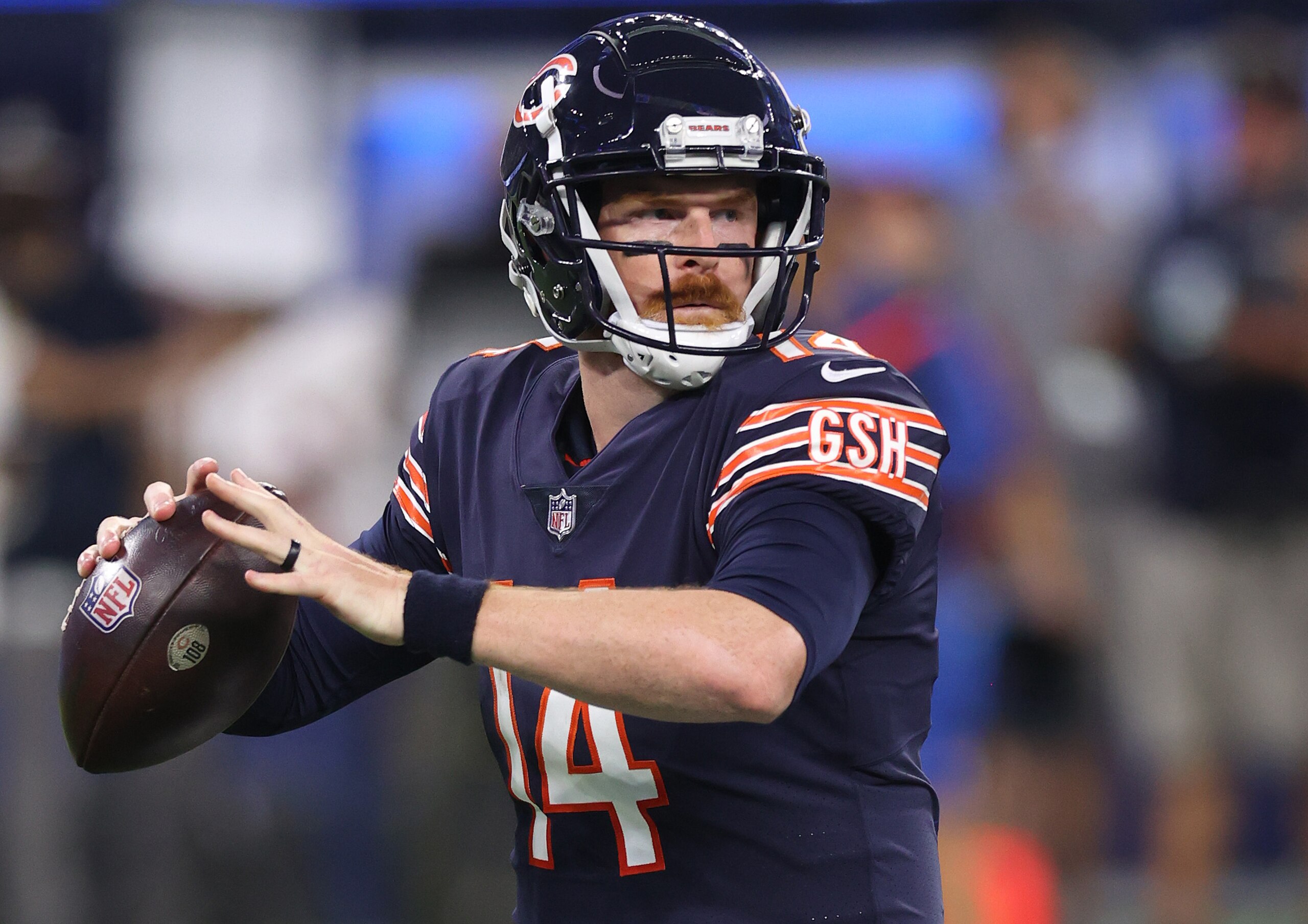 INGLEWOOD, CALIFORNIA - SEPTEMBER 12:  Andy Dalton #14 of the Chicago Bears at SoFi Stadium on September 12, 2021 in Inglewood, California. (Photo by Ronald Martinez/Getty Images)