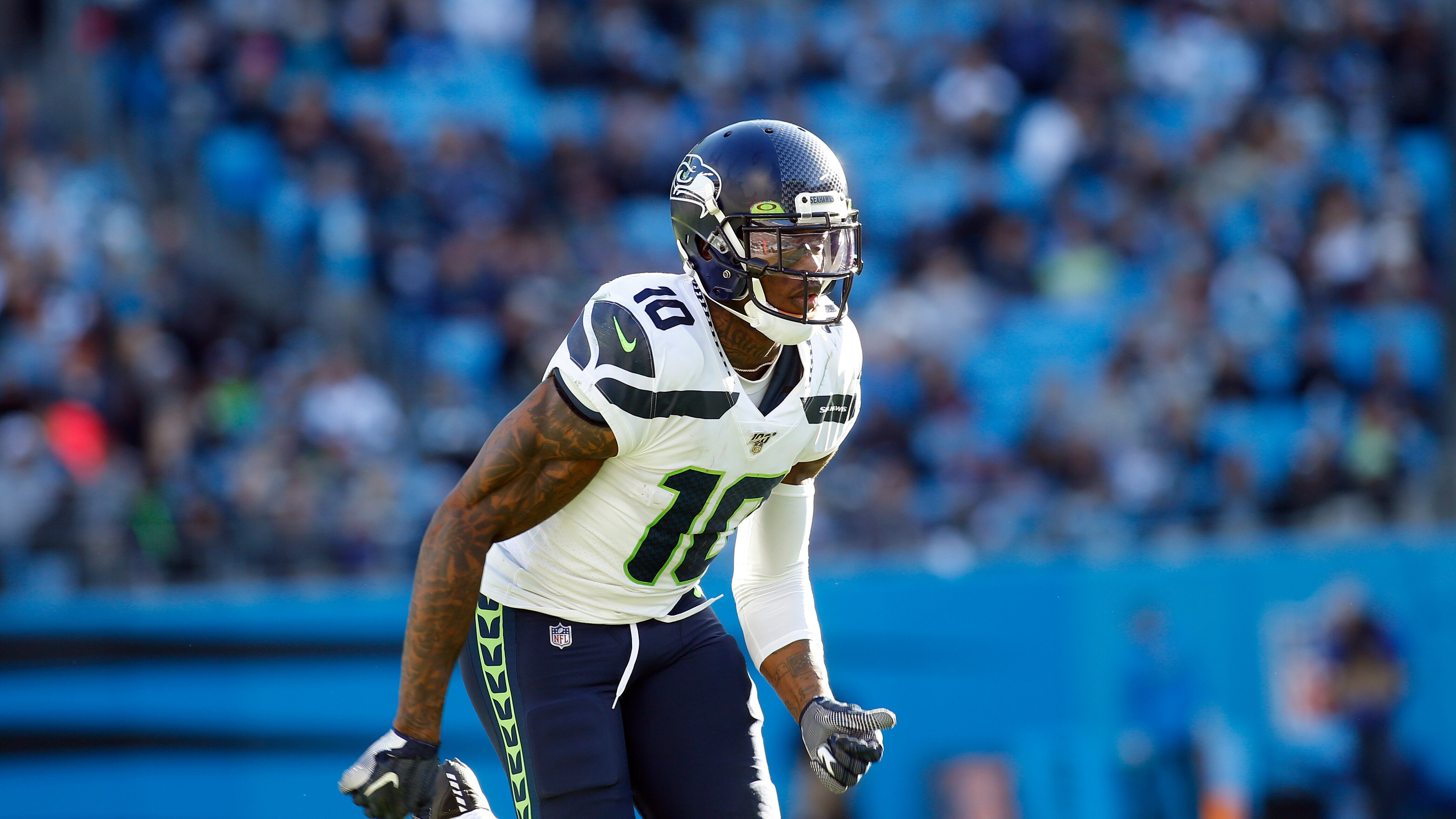 Seattle Seahawks wide receiver Josh Gordon (10) sets up against the Carolina Panthers during the second half of an NFL football game in Charlotte, N.C., Sunday, Dec. 15, 2019. (AP Photo/Brian Blanco)