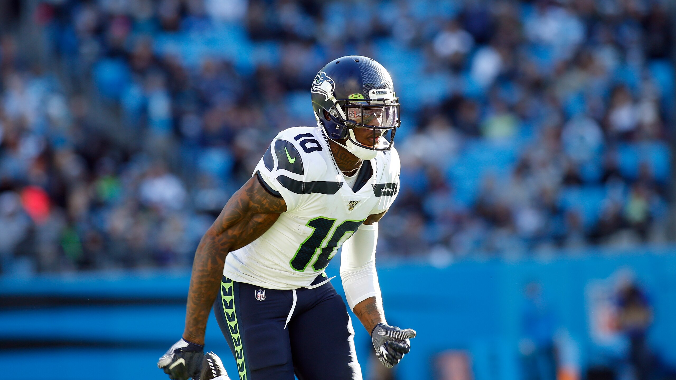 Seattle Seahawks wide receiver Josh Gordon (10) sets up against the Carolina Panthers during the second half of an NFL football game in Charlotte, N.C., Sunday, Dec. 15, 2019. (AP Photo/Brian Blanco)
