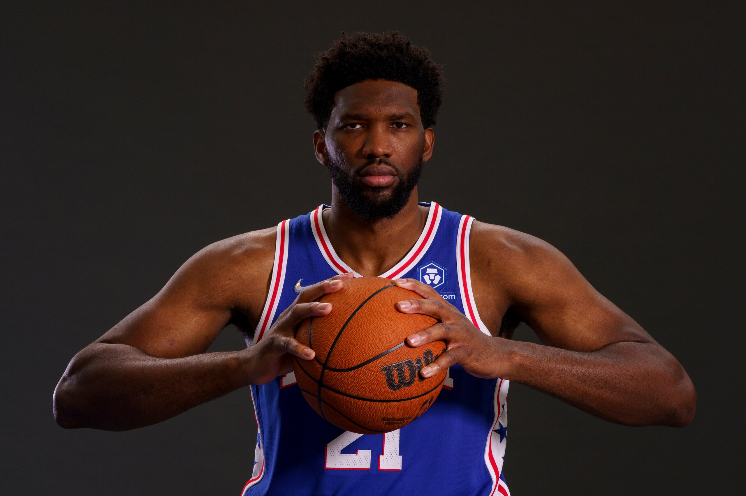 Philadelphia 76ers center Joel Embiid poses for photos during the NBA basketball team's Media Day in Camden, NJ, Monday, Sept. 27, 2021. (AP Photo/Chris Szagola)