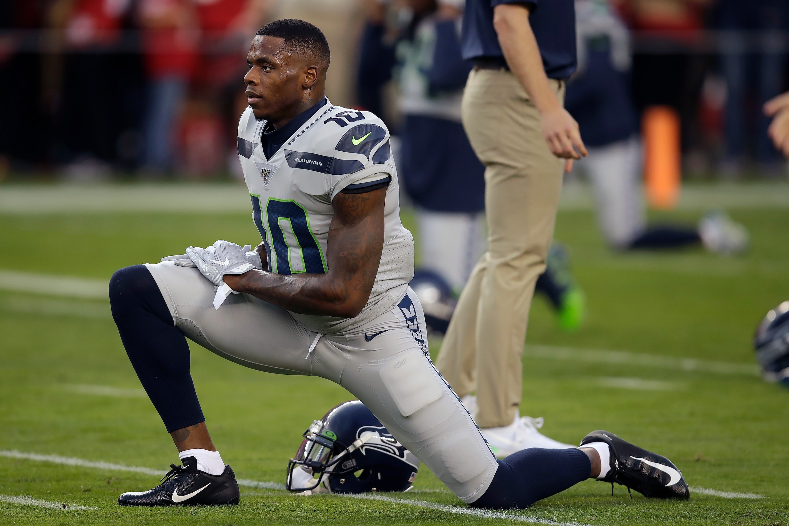 FILE - Seattle Seahawks wide receiver Josh Gordon (10) warms up before an NFL football game against the San Francisco 49ers in Santa Clara, Calif., in this Monday, Nov. 11, 2019, file photo. Josh Gordon was conditionally reinstated by the NFL on Thursday, Dec. 3, 2020, and can begin the process of joining the Seattle Seahawks' roster as early as Friday. Commissioner Roger Goodell reinstated Gordon after nearly a one-year suspension following his latest off-field transgression for violations of the league’s substance abuse policies. (AP Photo/Ben Margot, File)