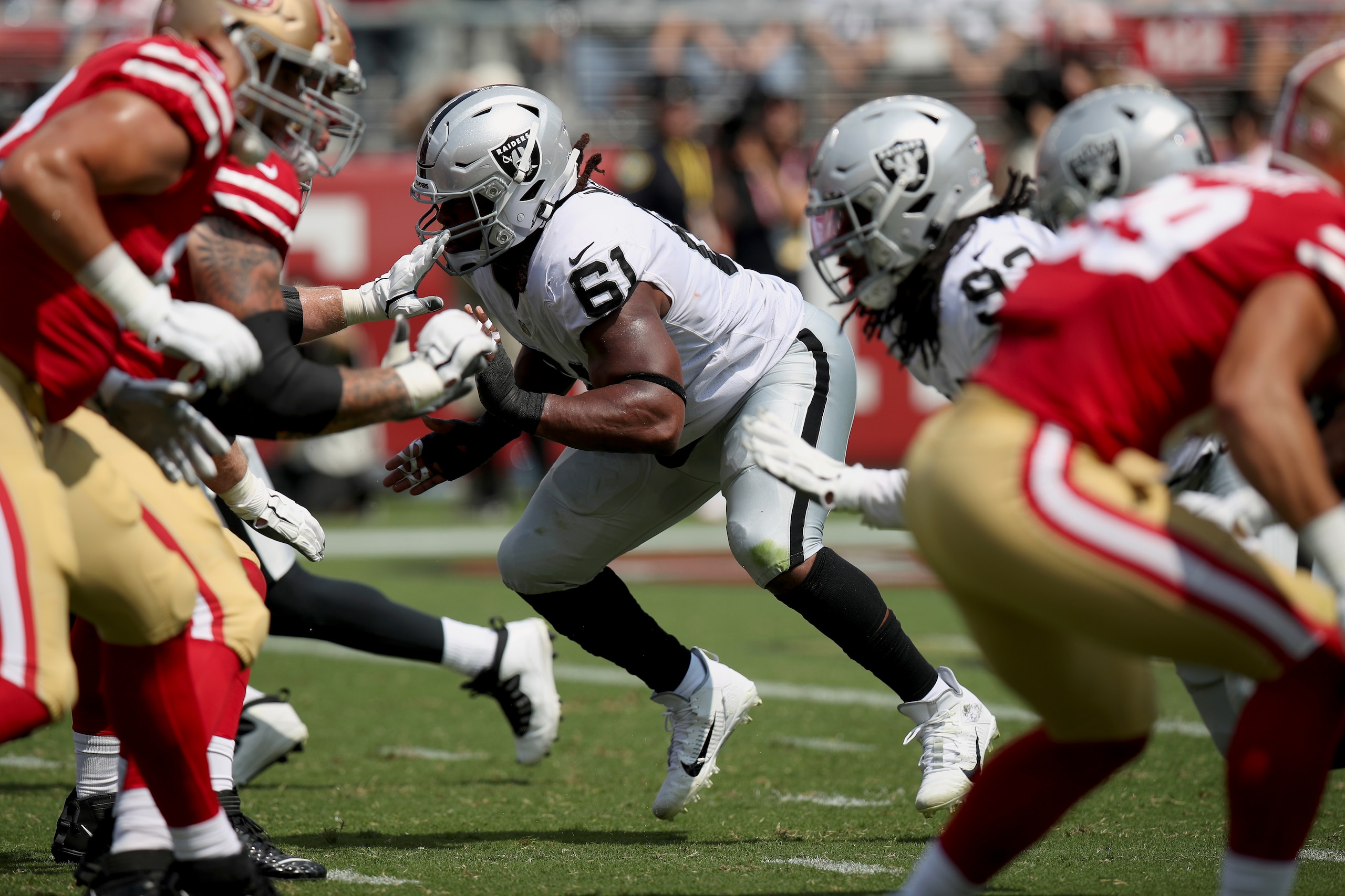 Las Vegas Raiders defensive tackle Gerald McCoy (61) in action during an NFL football game against the San Francisco 49ers, Sunday, Aug. 28, 2021, in Santa Clara, Calif. (AP Photo/Scot Tucker) Las Vegas Raiders defensive tackle Gerald McCoy (61) in action during an NFL football game against the San Francisco 49ers, Sunday, Aug. 28, 2021, in Santa Clara, Calif. (AP Photo/Scot Tucker)