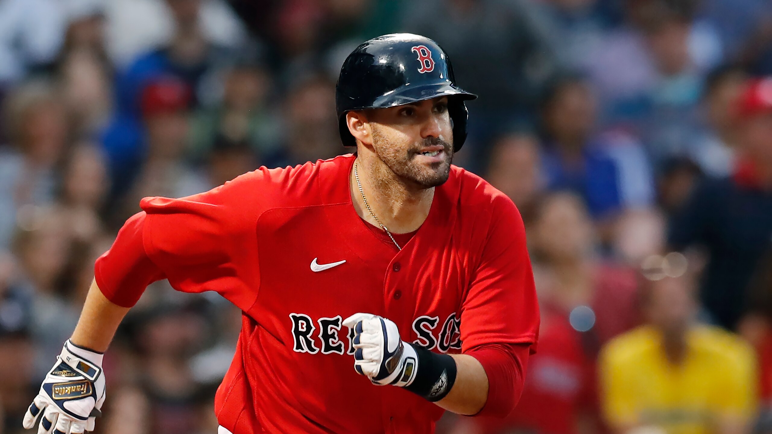 Boston Red Sox's J.D. Martinez plays against the New York Yankees during the sixth inning of a baseball game, Saturday, Sept. 25, 2021, in Boston. (AP Photo/Michael Dwyer)
