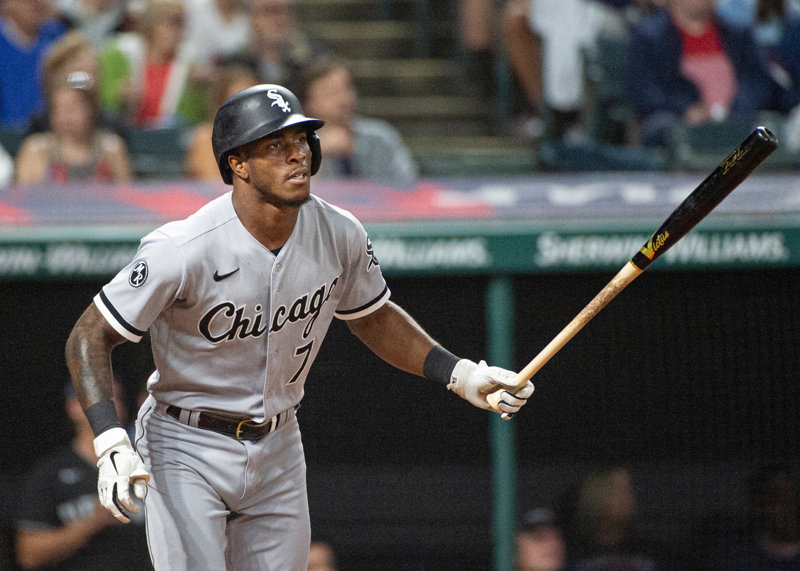 Chicago White Sox's Tim Anderson watches his hit during a baseball game against the Cleveland Indians in Cleveland, Friday, Sept. 24, 2021. (AP Photo/Phil Long)