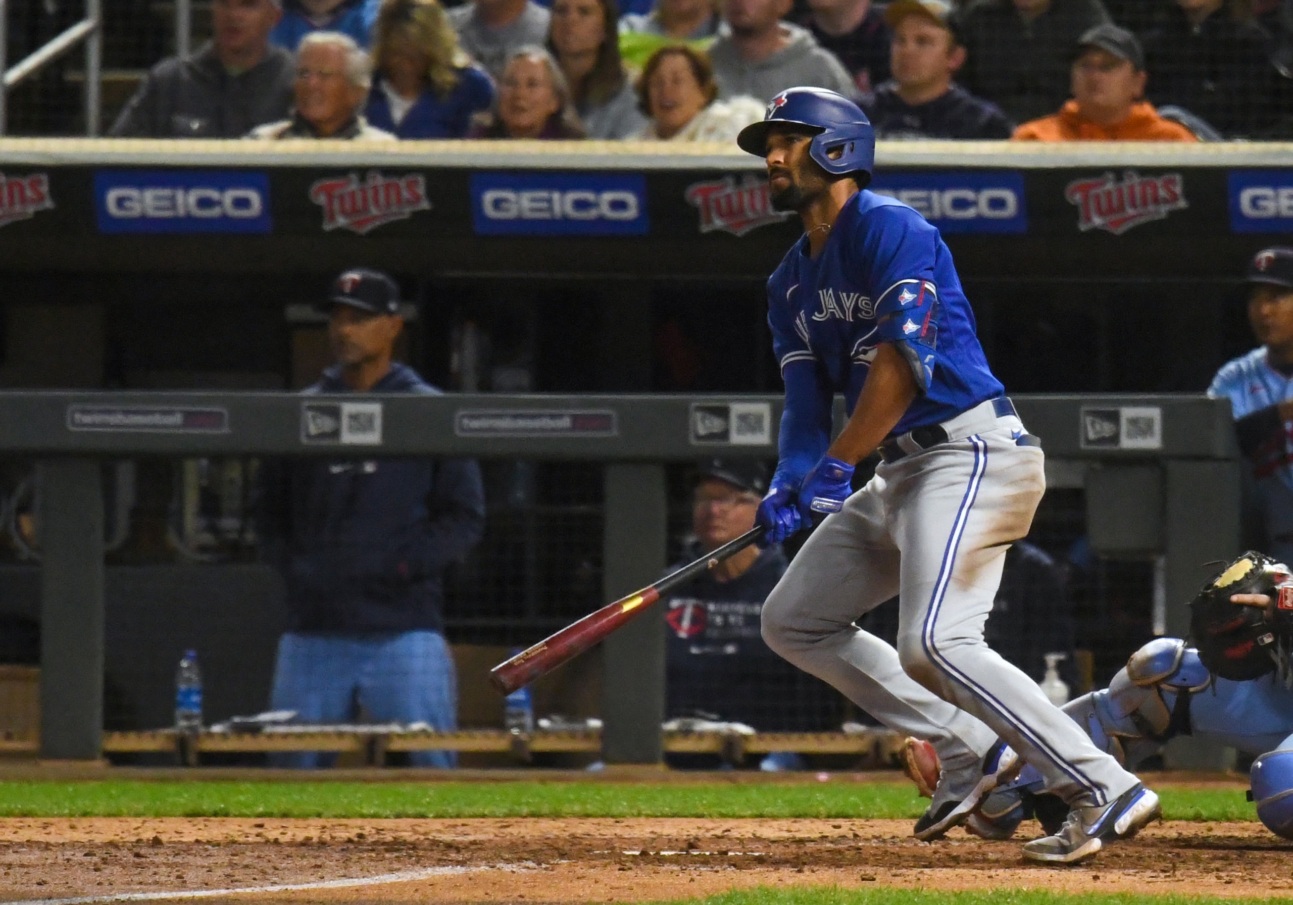 MINNEAPOLIS, MN - SEPTEMBER 25: Toronto Blue Jays Infield Marcus Semien (10) hits a deep fly ball off of Minnesota Twins Pitcher Luke Farrell (51) during the sixth inning for his 43rd home run of the season tying the major league mark for most home runs in a season by a second baseman during a game between the Minnesota Twins and Toronto Blue Jays on on September 25, 2021, at Target Field in Minneapolis, MN.(Photo by Nick Wosika/Icon Sportswire via Getty Images)