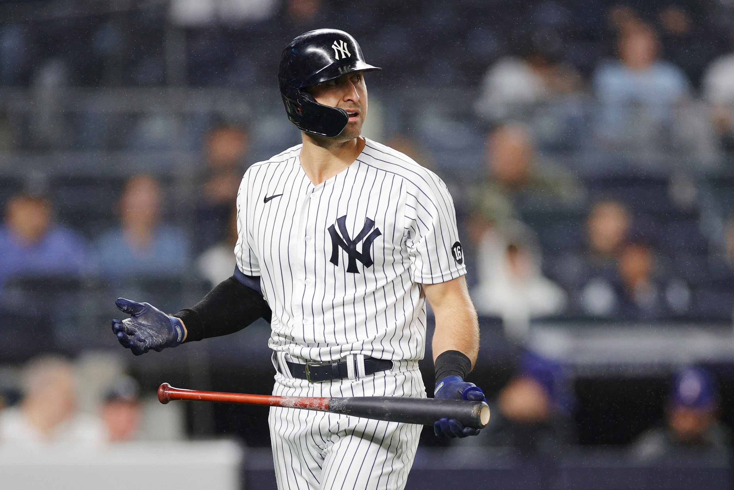 NEW YORK, NEW YORK - SEPTEMBER 21: Joey Gallo #13 of the New York Yankees reacts after striking out during the seventh inning against the Texas Rangers at Yankee Stadium on September 21, 2021 in the Bronx borough of New York City. (Photo by Sarah Stier/Getty Images) NEW YORK, NEW YORK - SEPTEMBER 21: Joey Gallo #13 of the New York Yankees reacts after striking out during the seventh inning against the Texas Rangers at Yankee Stadium on September 21, 2021 in the Bronx borough of New York City. (Photo by Sarah Stier/Getty Images)