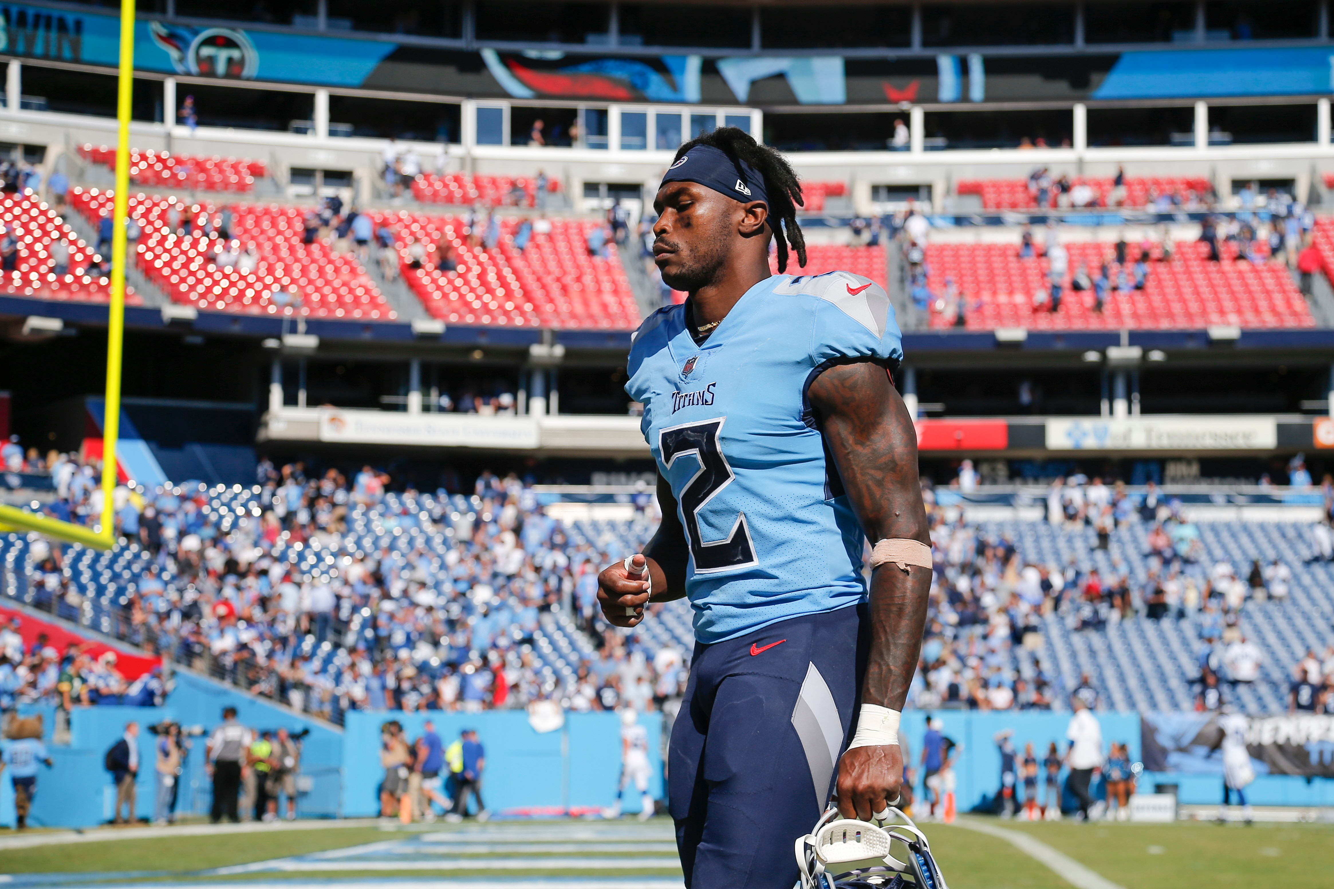 NASHVILLE, TENNESSEE - SEPTEMBER 26: Julio Jones #2 of the Tennessee Titans walks off the field after the game against the Indianapolis Colts at Nissan Stadium on September 26, 2021 in Nashville, Tennessee. (Photo by Silas Walker/Getty Images)