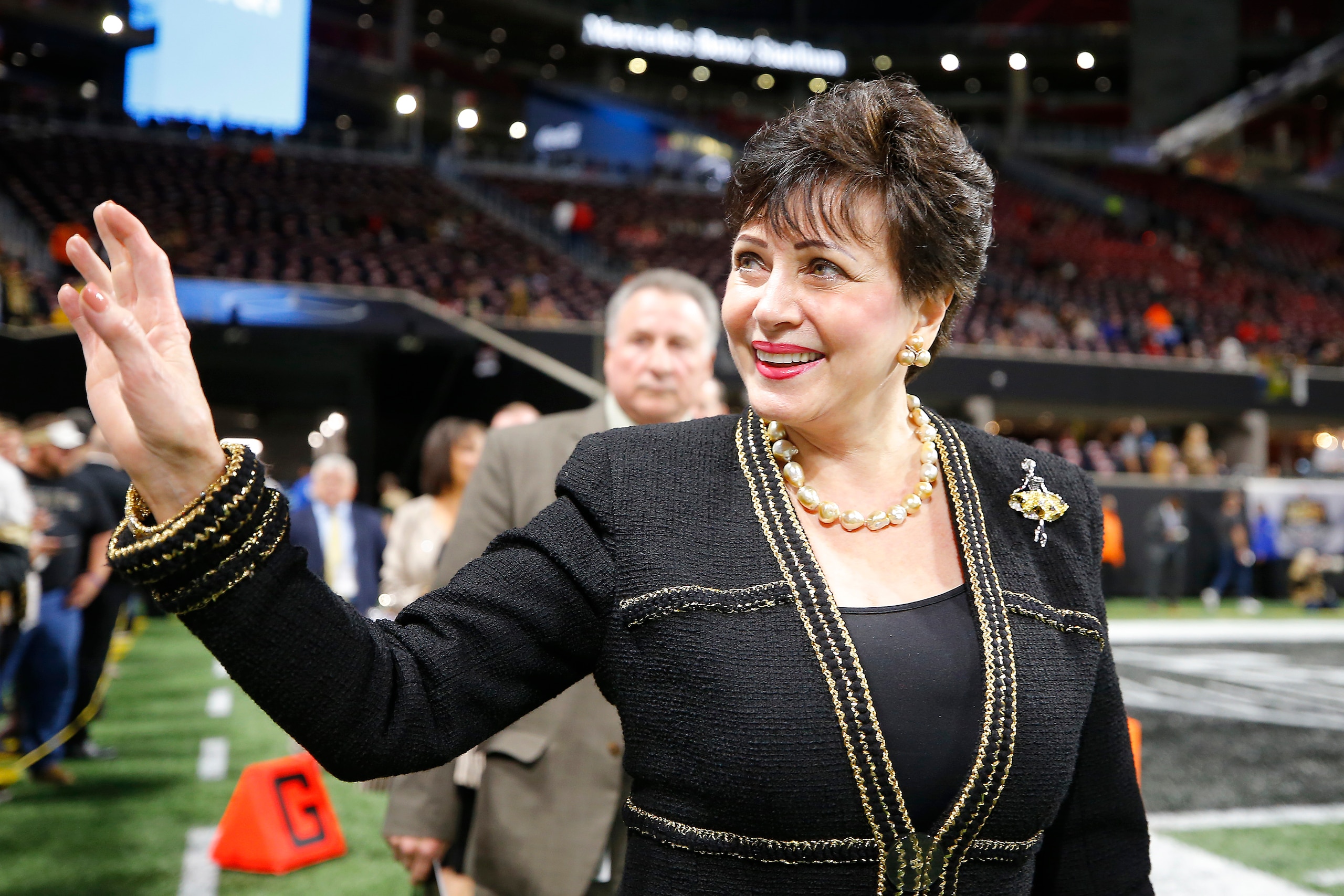 ATLANTA, GEORGIA - NOVEMBER 28: Owner Gayle Benson of the New Orleans Saints walks on the field prior to the game against the Atlanta Falcons at Mercedes-Benz Stadium on November 28, 2019 in Atlanta, Georgia. (Photo by Todd Kirkland/Getty Images) ATLANTA, GEORGIA - NOVEMBER 28: Owner Gayle Benson of the New Orleans Saints walks on the field prior to the game against the Atlanta Falcons at Mercedes-Benz Stadium on November 28, 2019 in Atlanta, Georgia. (Photo by Todd Kirkland/Getty Images)