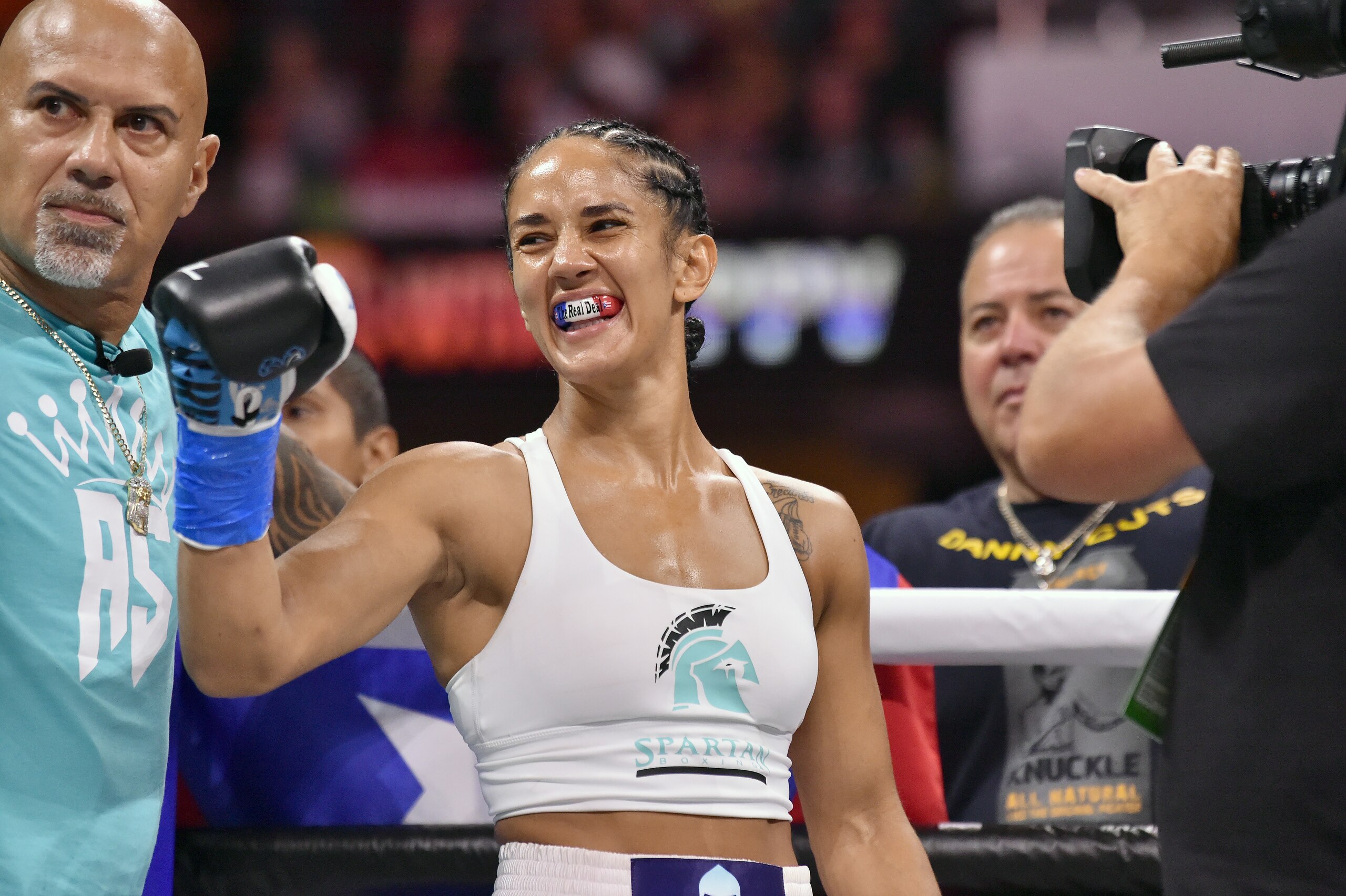 CLEVELAND, OHIO - AUGUST 29: Amanda Serrano reacts to the crowd prior to her WBC/WBO featherweight world championship fight against Yamileth Mercado during a Showtime pay-per-view event at Rocket Morgage Fieldhouse on August 29, 2021 in Cleveland, Ohio. (Photo by Jason Miller/Getty Images)