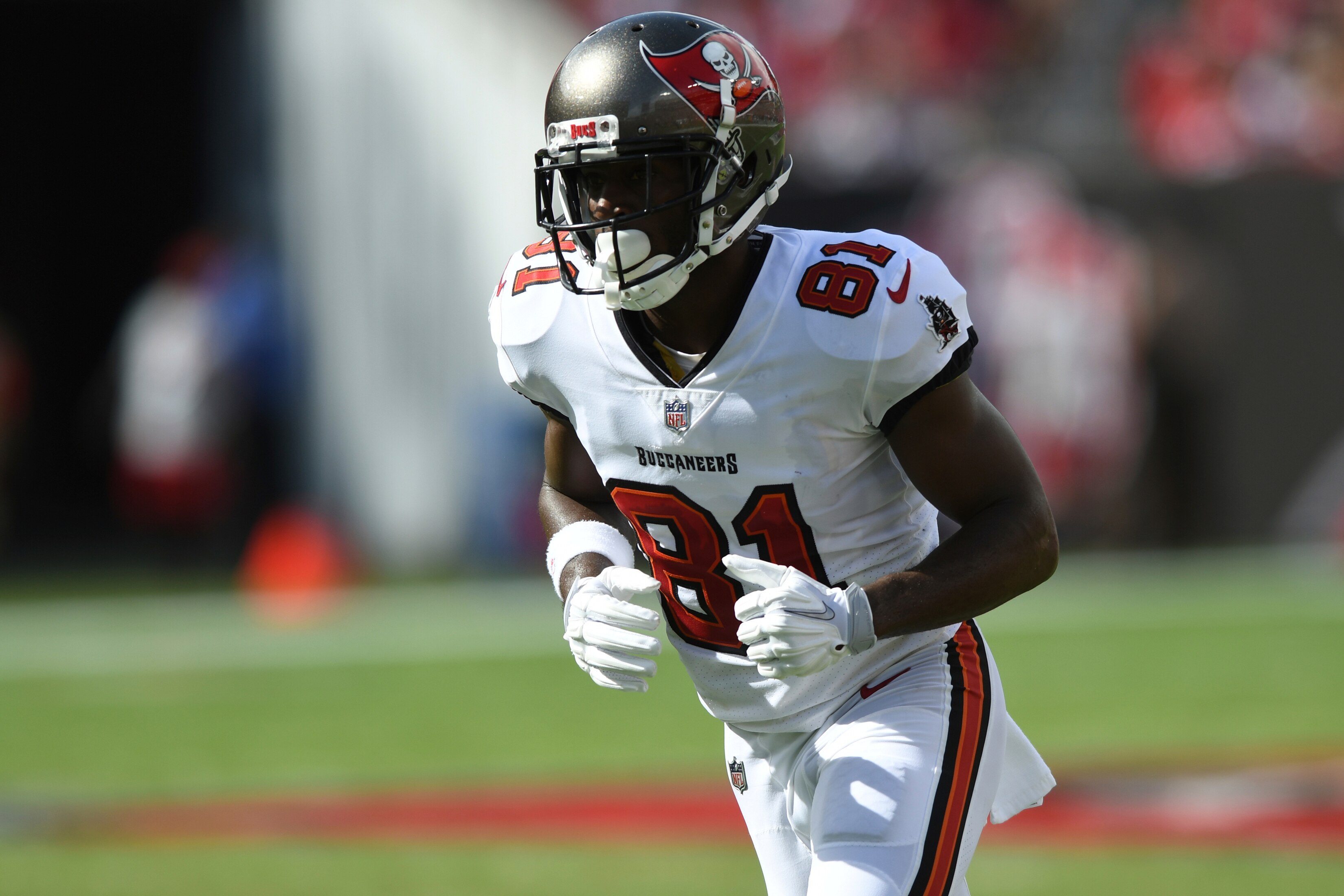 Tampa Bay Buccaneers wide receiver Antonio Brown (81) during the first half of an NFL football game against the Atlanta Falcons Sunday, Sept. 19, 2021, in Tampa, Fla. (AP Photo/Jason Behnken)