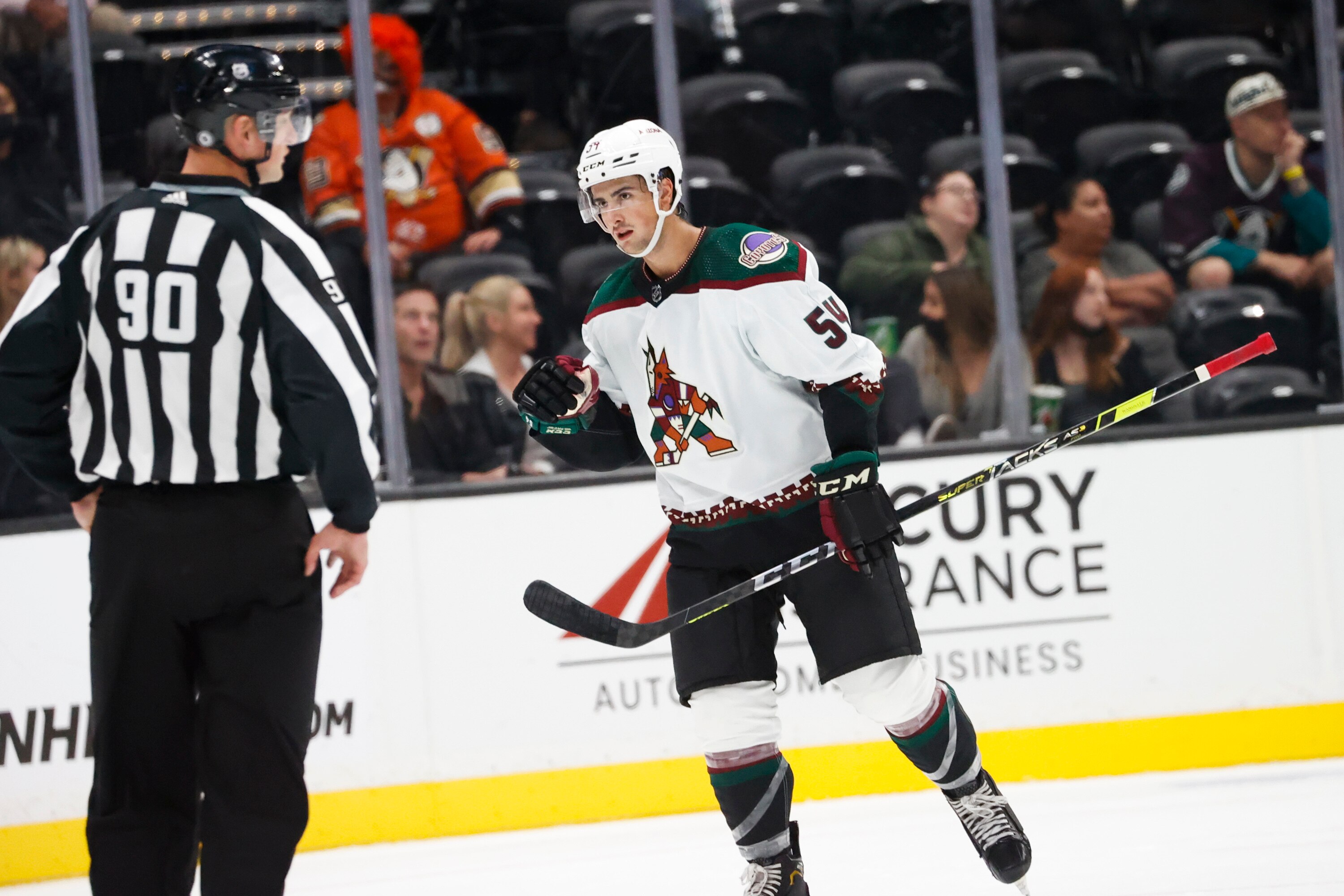 Arizona Coyotes defensema Cam Dineen (54) reacts after scoring against the Anaheim Ducks during the second period of an NHL hockey game Wednesday, Sept. 29, 2021, in Anaheim, Calif. (AP Photo/Ringo H.W. Chiu)