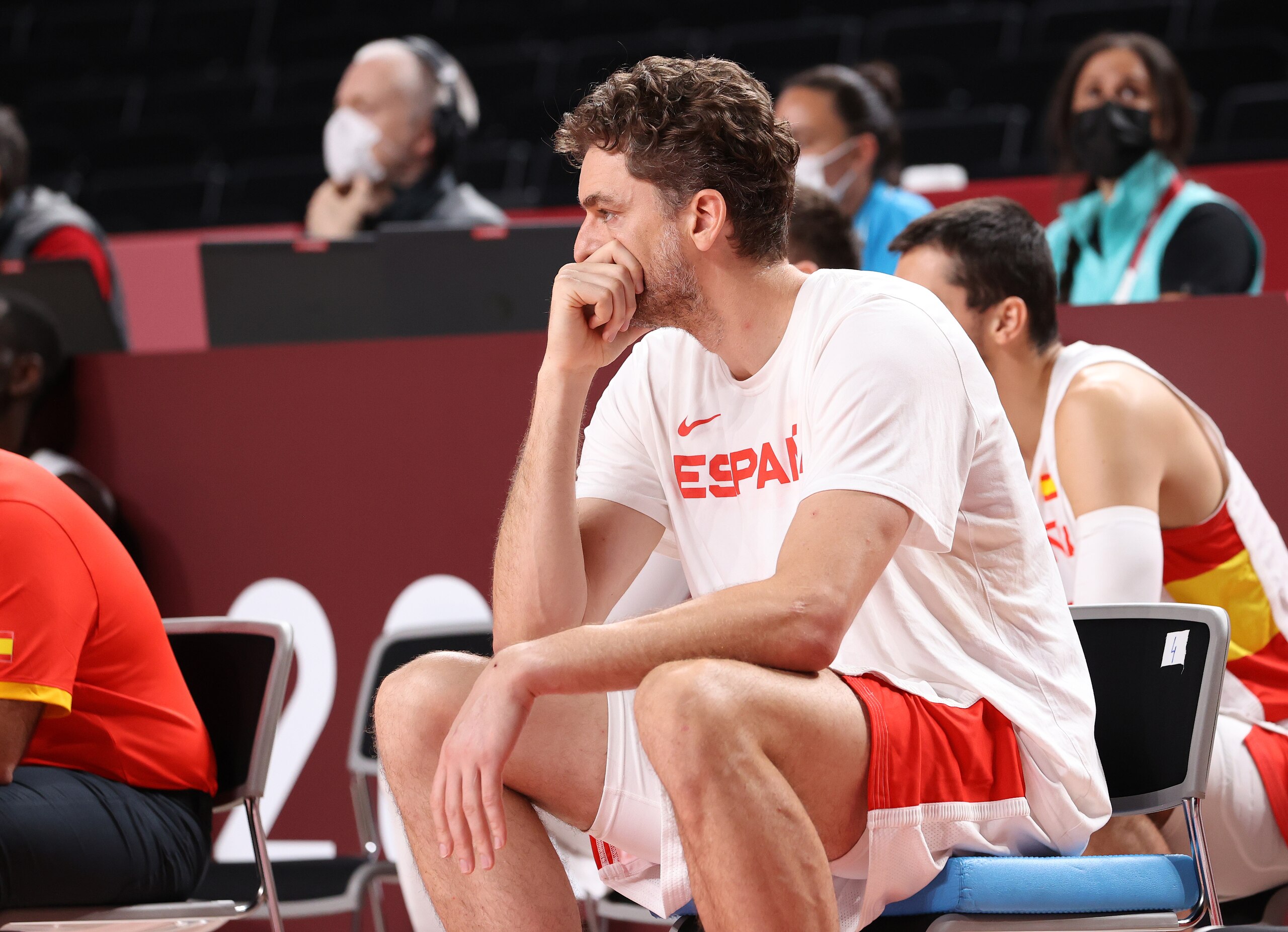 SAITAMA, JAPAN - AUGUST 03: Pau Gasol #4 of Team Spain looks on in disappointment following Spain's loss to the United States in a Men's Basketball Quarterfinal game on day eleven of the Tokyo 2020 Olympic Games at Saitama Super Arena on August 03, 2021 in Saitama, Japan. (Photo by Gregory Shamus/Getty Images)
